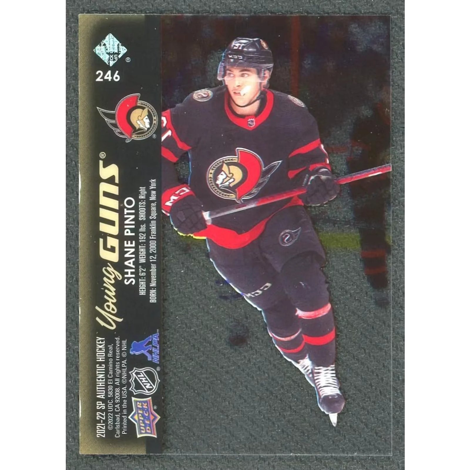 Shane Pinto 2021-22 UD SP Authentic Young Guns Acetate Card