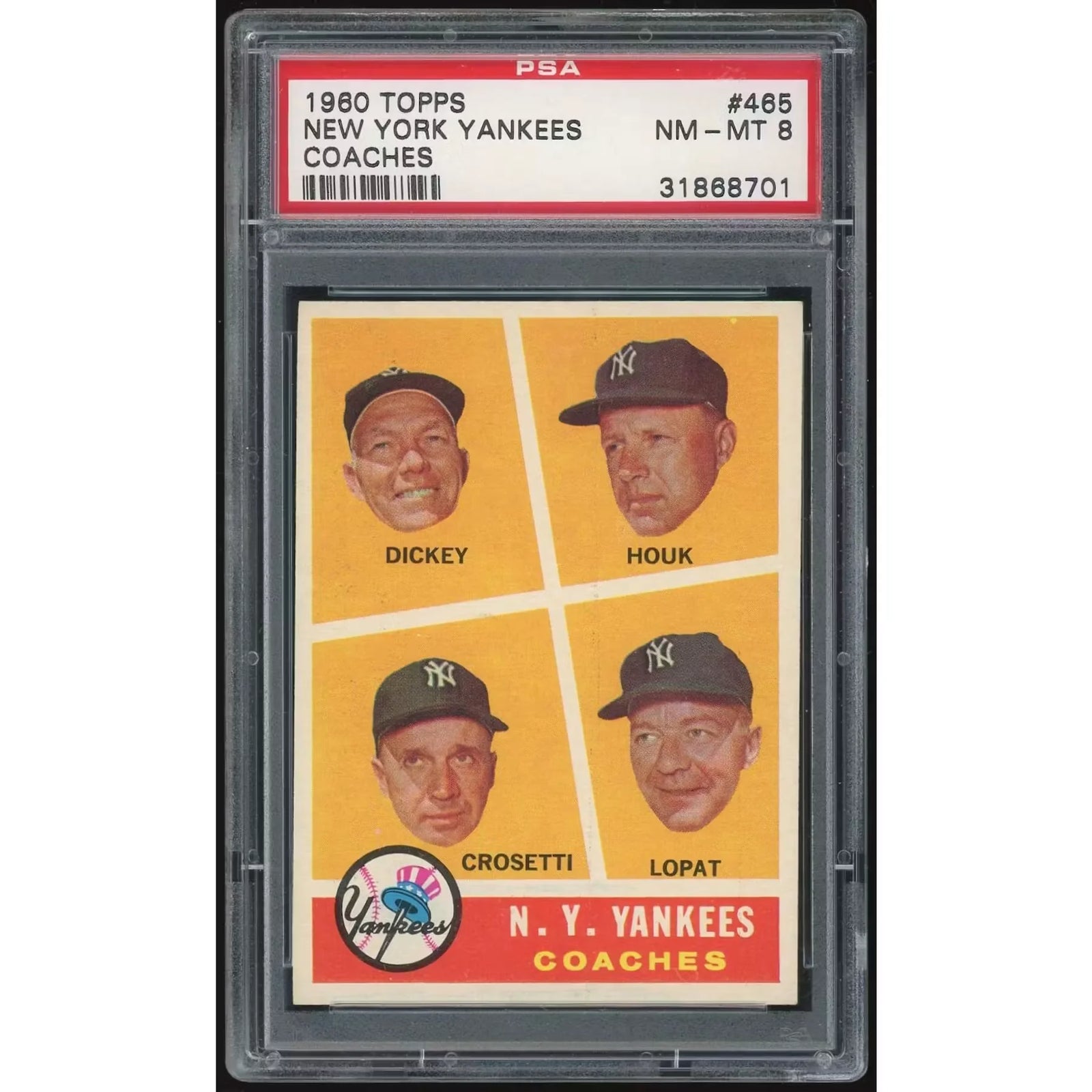 1960 Topps #465 New York Yankees Coaches Card | PSA 8