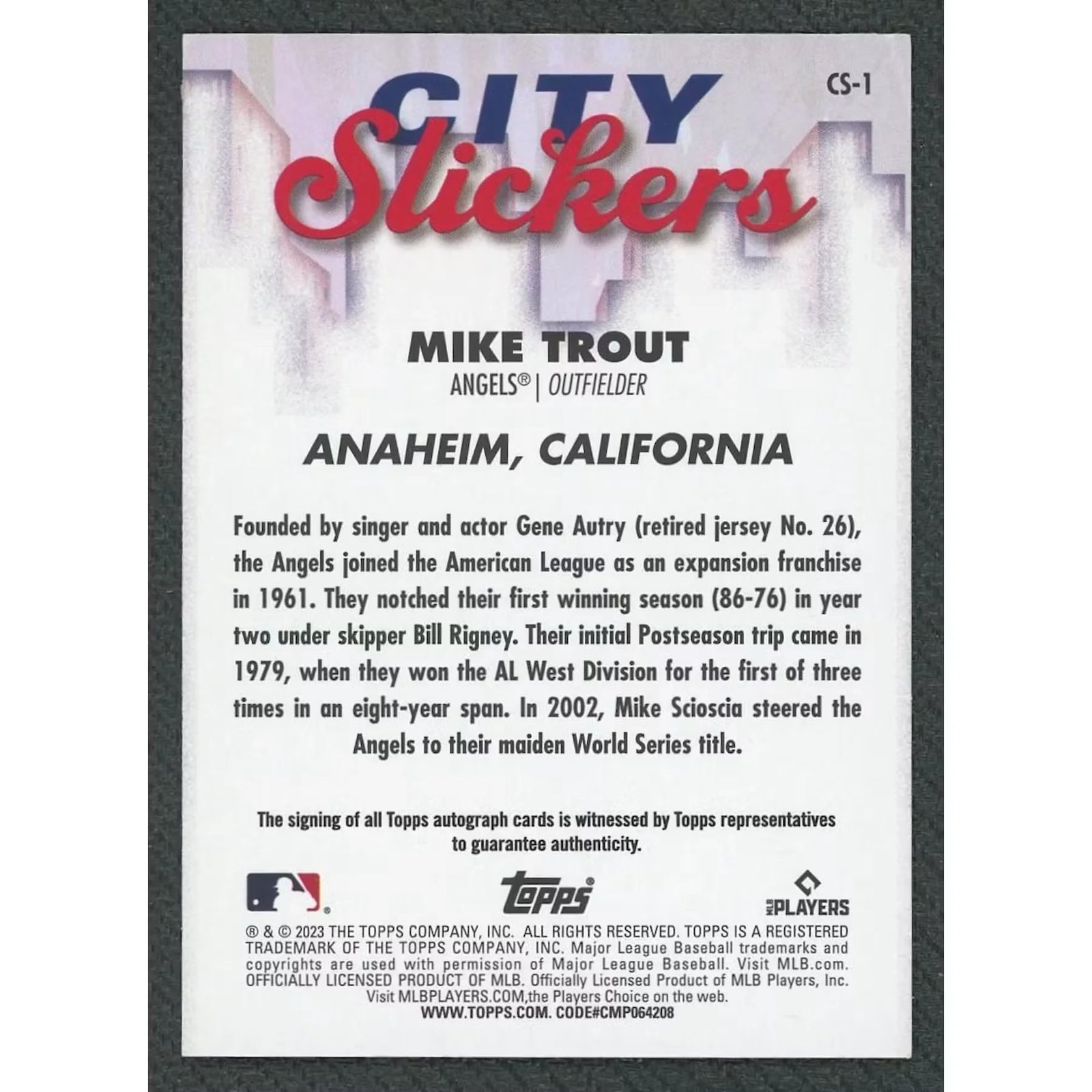 Mike Trout Signed 2023 Topps Big League City Slickers Card | Auto/25