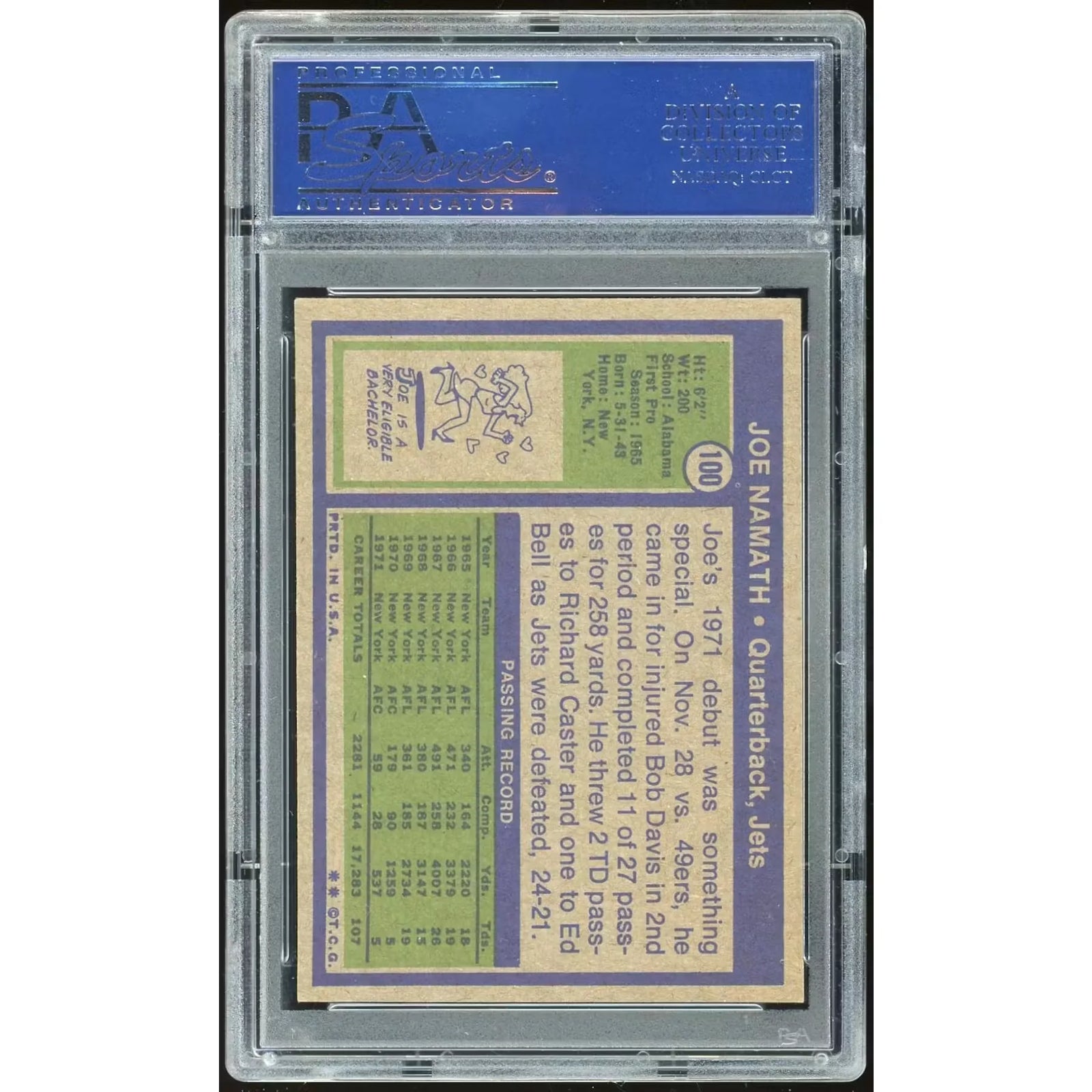 Joe Namath 1972 Topps #100 Card | PSA 8