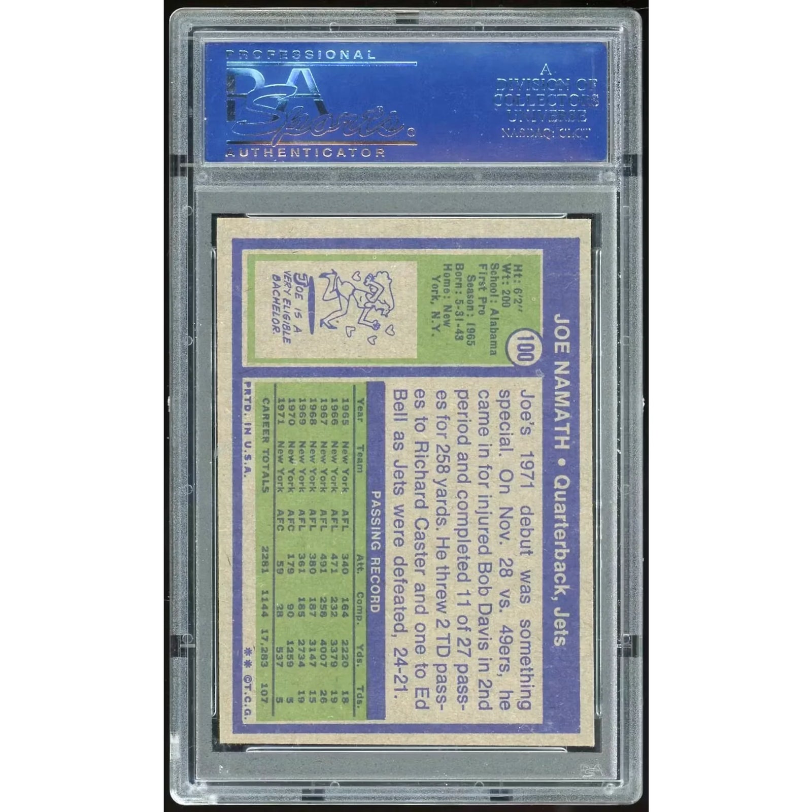 Joe Namath 1972 Topps #100 Card | PSA 7.5