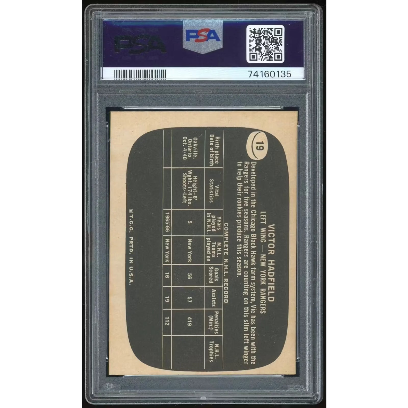 Vic Hadfield 1966-67 Topps USA Test #19 Card | PSA 6