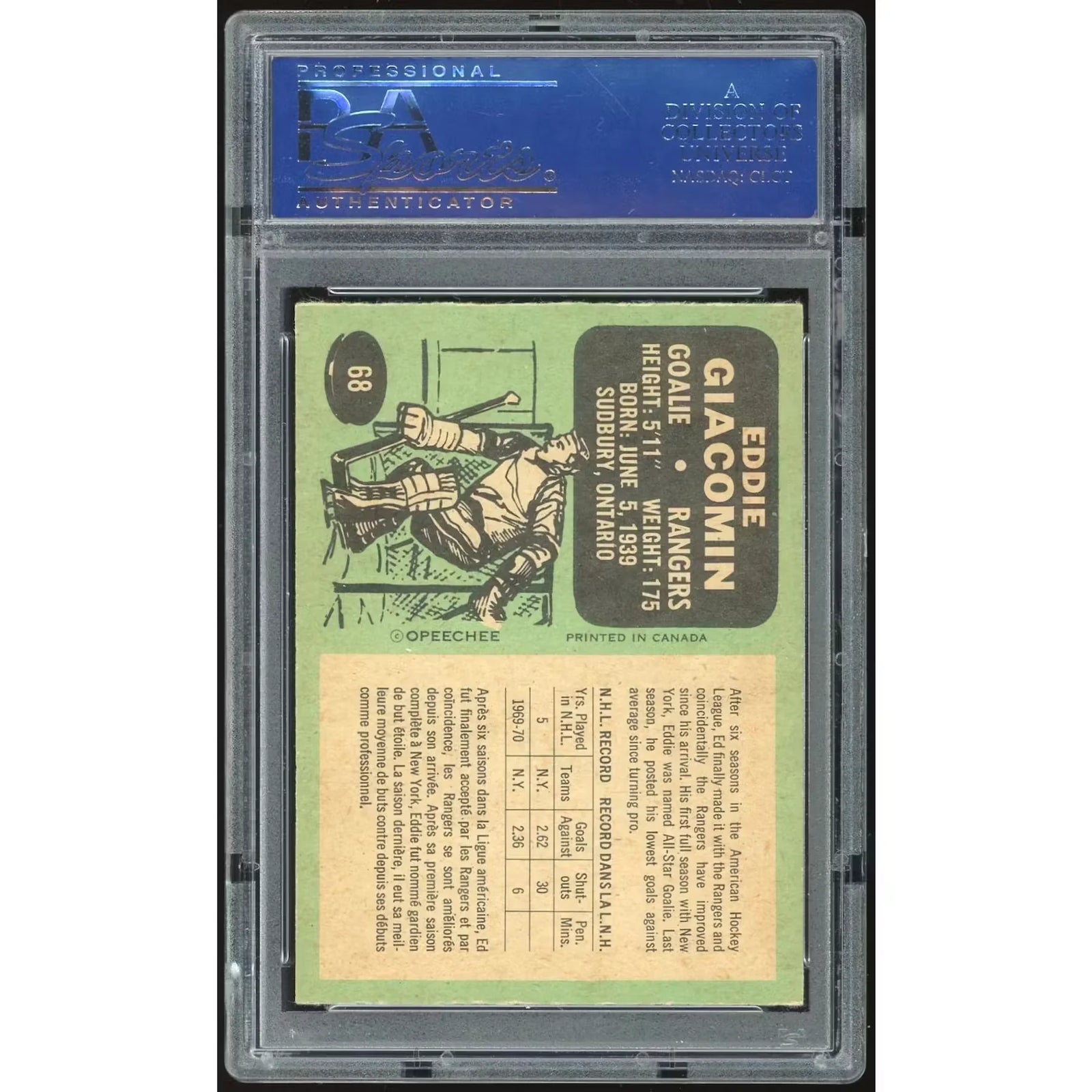 Ed Giacomin 1970-71 O-Pee-Chee #68 Card | PSA 8