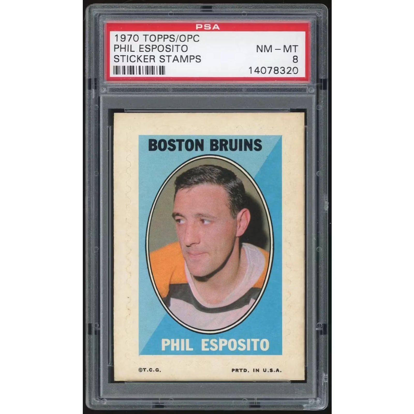 Phil Esposito 1970-71 Topps/OPC Sticker Stamps | PSA 8