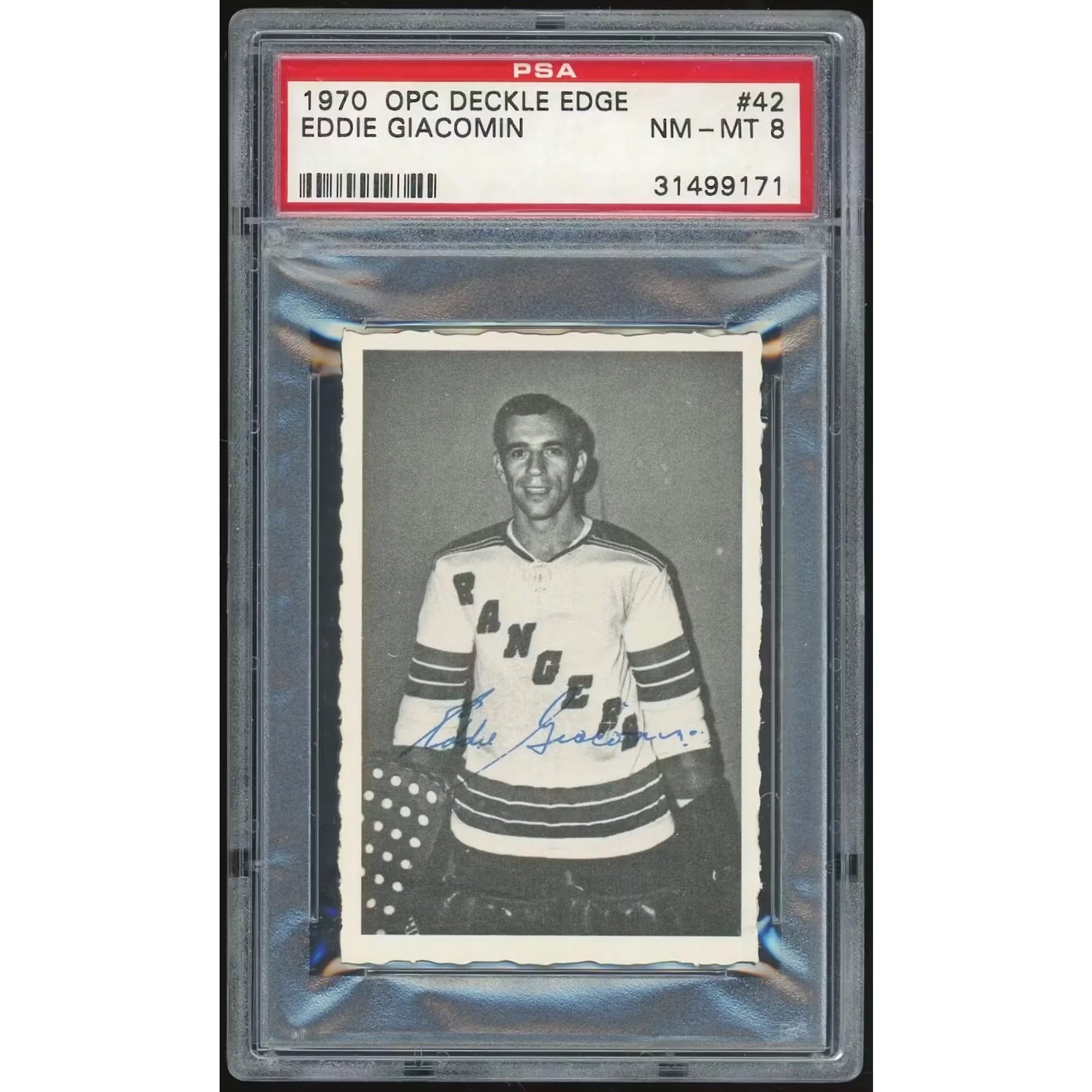 Eddie Giacomin 1970-71 O-Pee-Chee Deckle Edge #42 | PSA 8