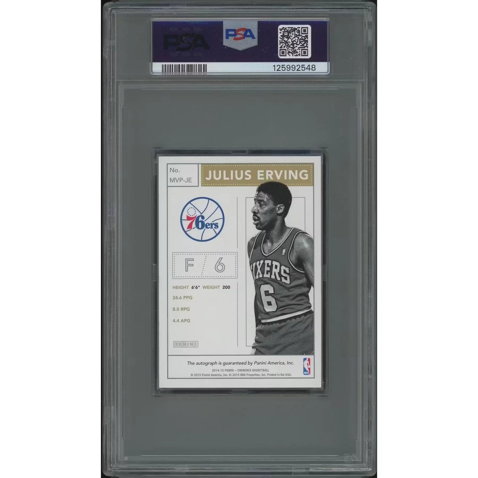 Julius Erving Signed 2014-15 Panini Eminence MVP Silver #02 Card | PSA 8 NM-MT
