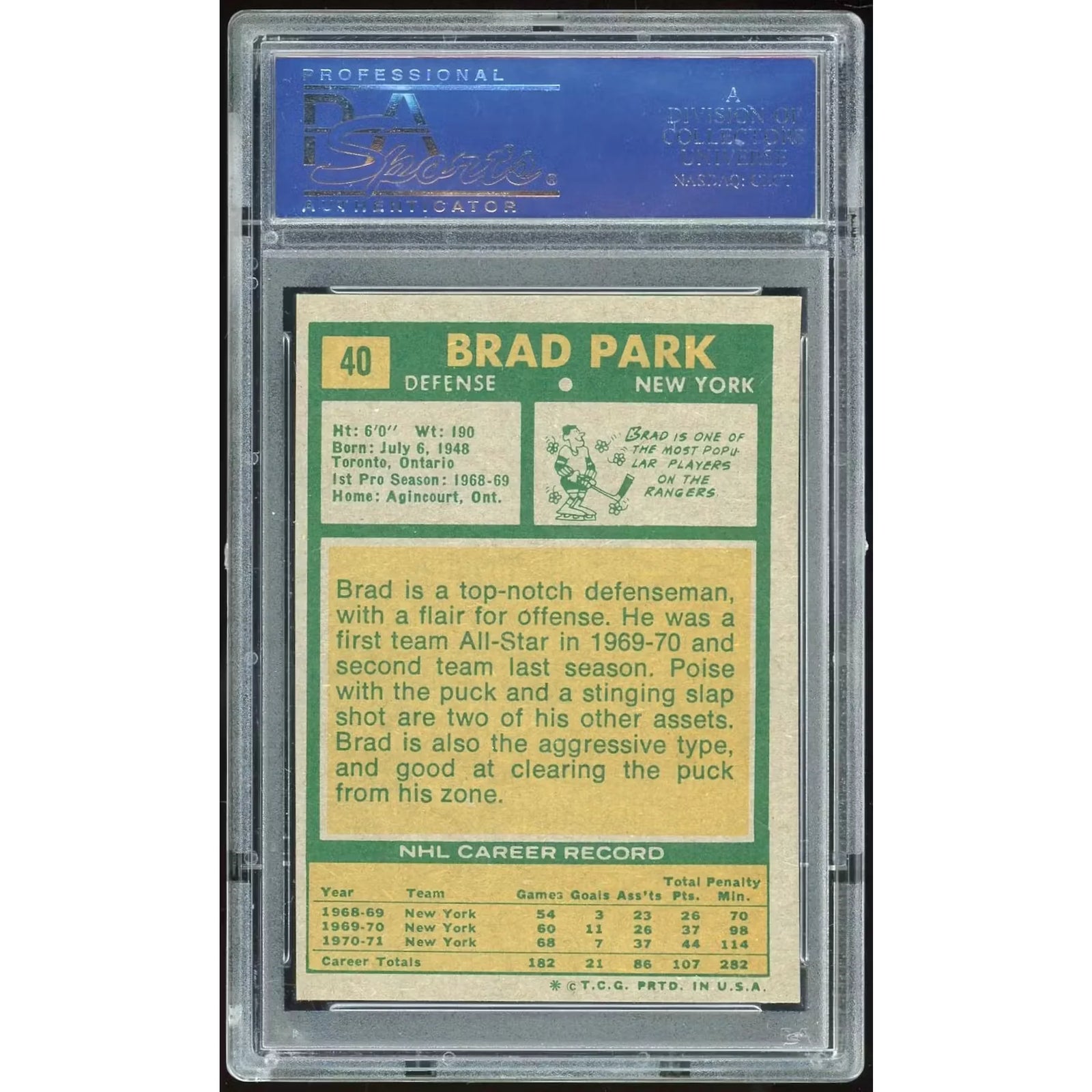 Brad Park 1971-72 Topps #40 Card | PSA 8