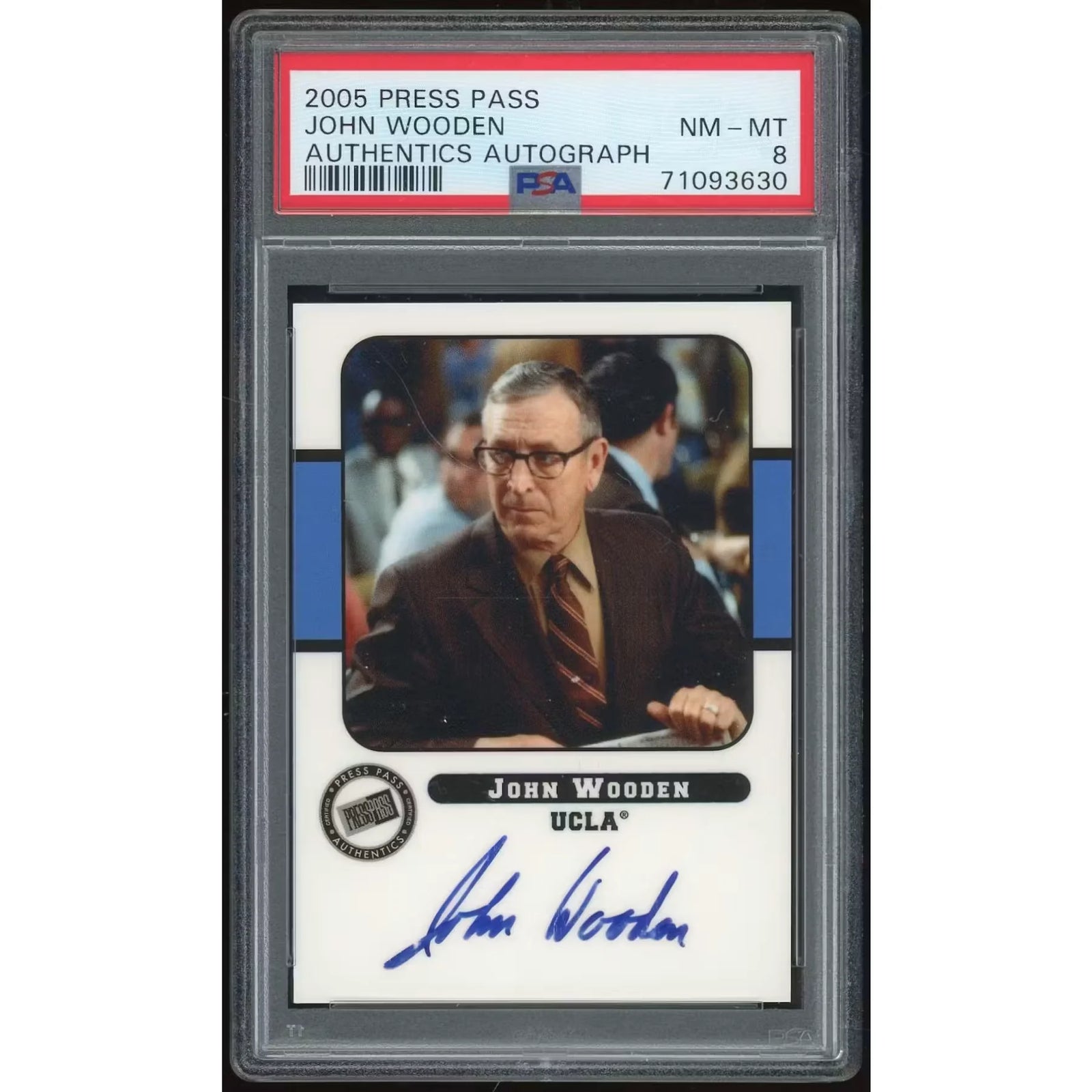 John Wooden Signed 2005-06 Press Pass Authentics Card | PSA 8