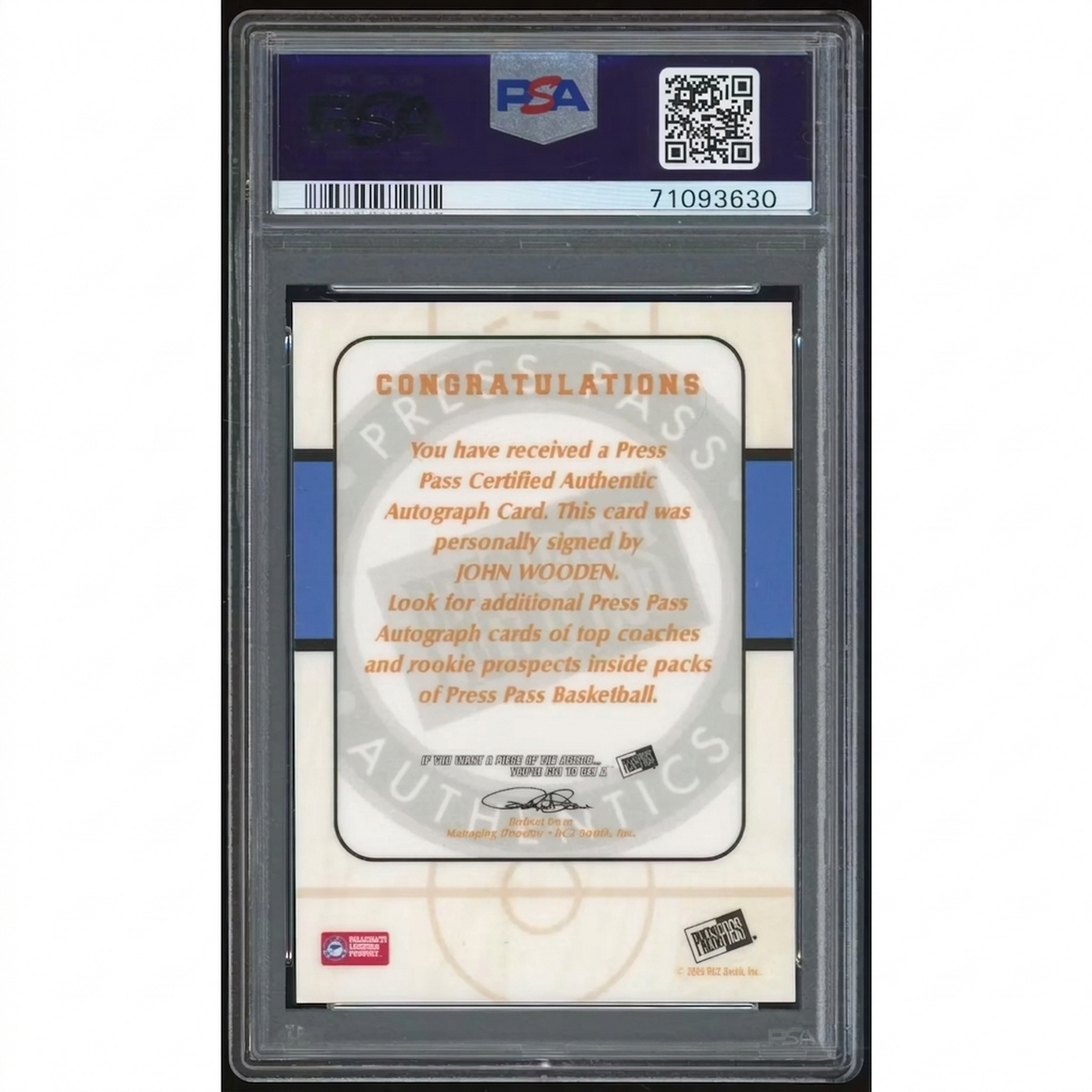 John Wooden Signed 2005-06 Press Pass Authentics Card | PSA 8