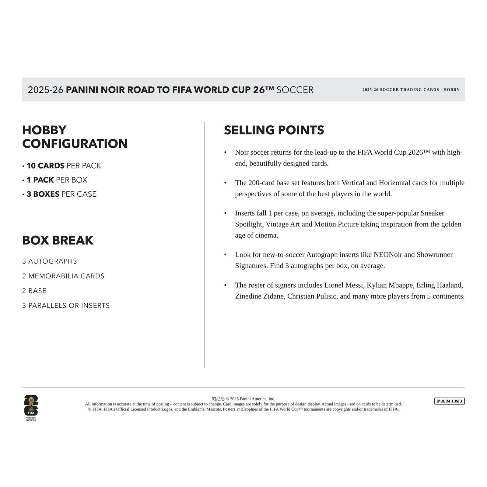 DRAFT - 2025/26 Panini Noir Road to FIFA World Cup Soccer Hobby Box | dacardworld:BVCD0KM7B5