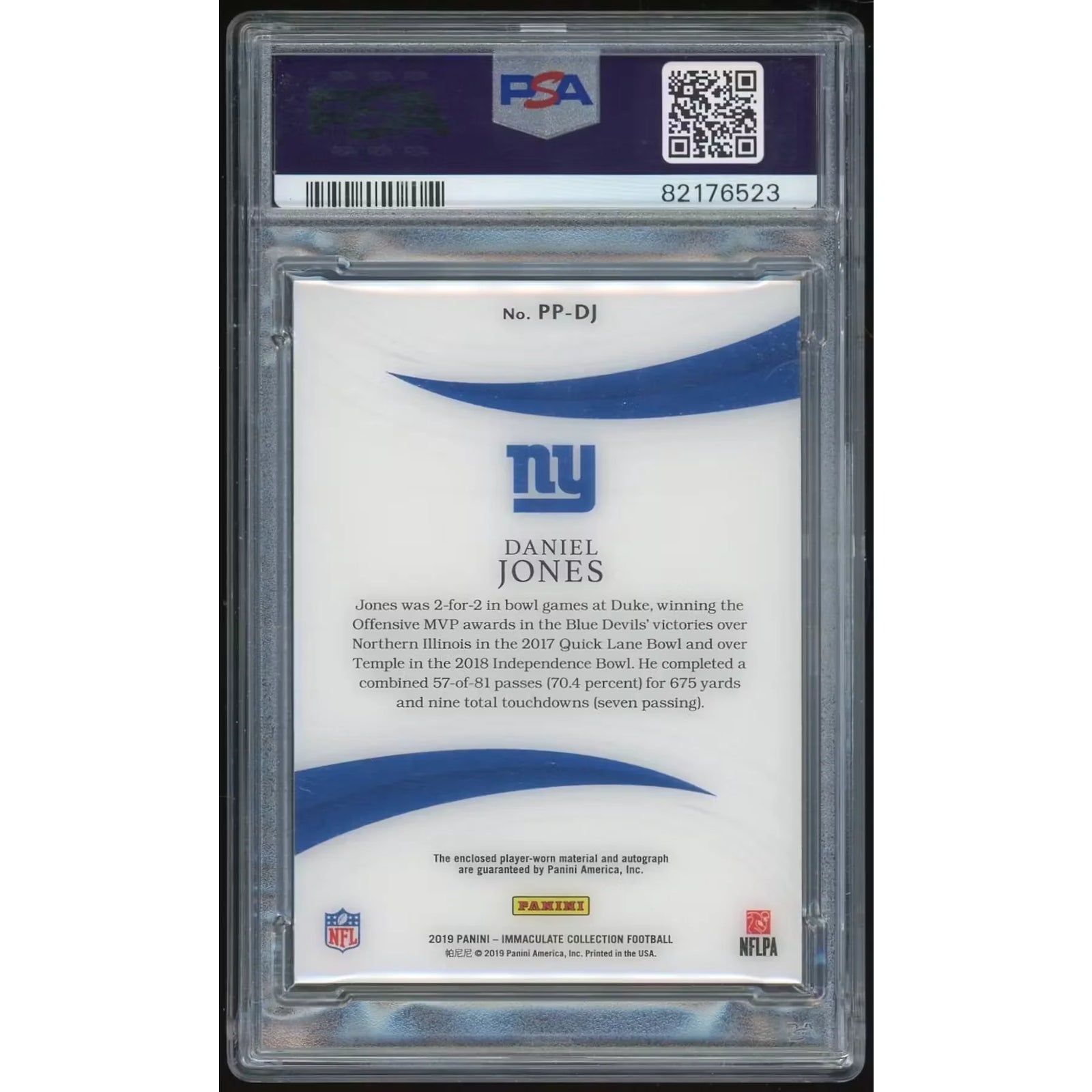 Daniel Jones 2019 Immaculate Collection Premium Patch Rookie Autograph | PSA 9