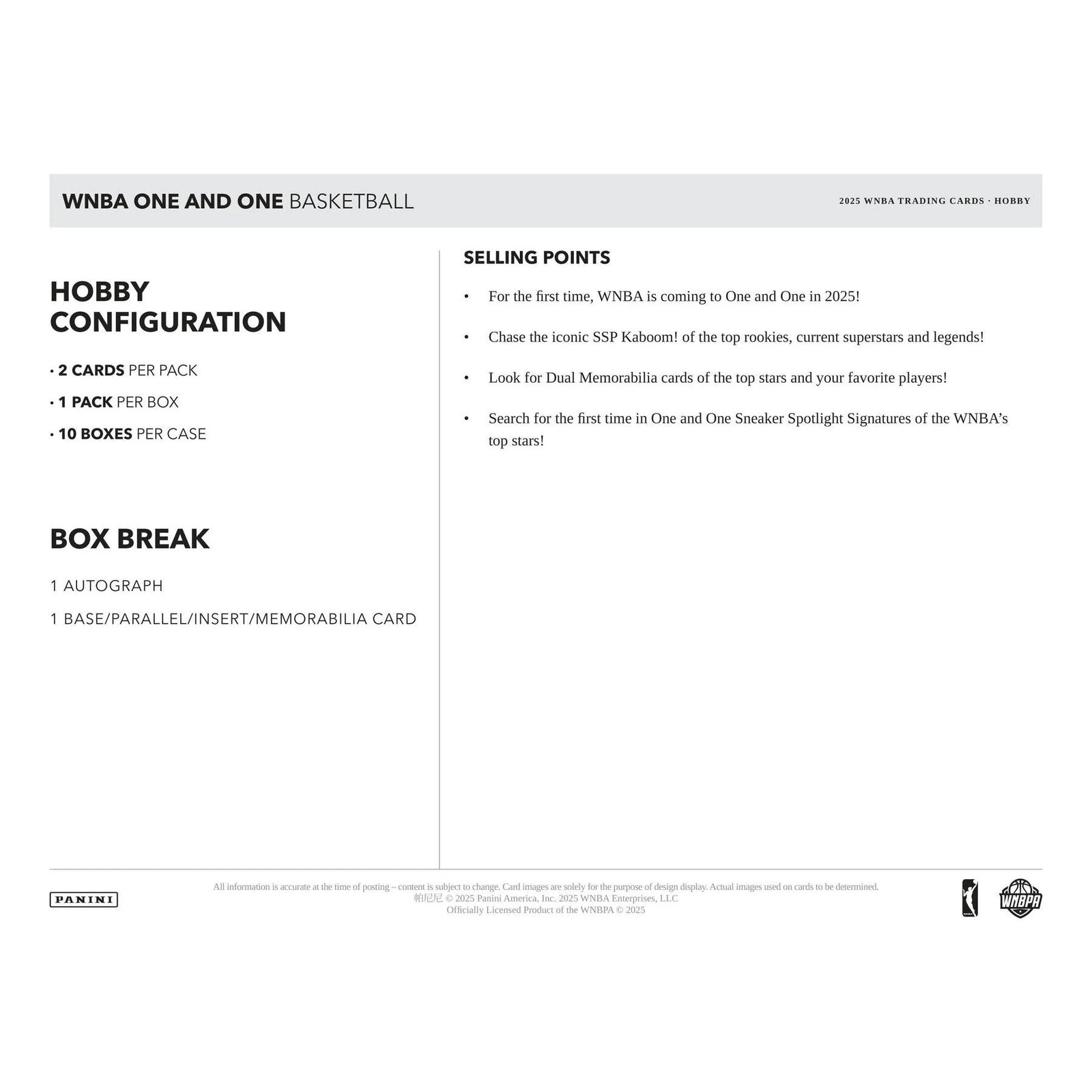 DRAFT - 2025 Panini One and One WNBA Basketball Hobby Box $464.95 Add to Cart