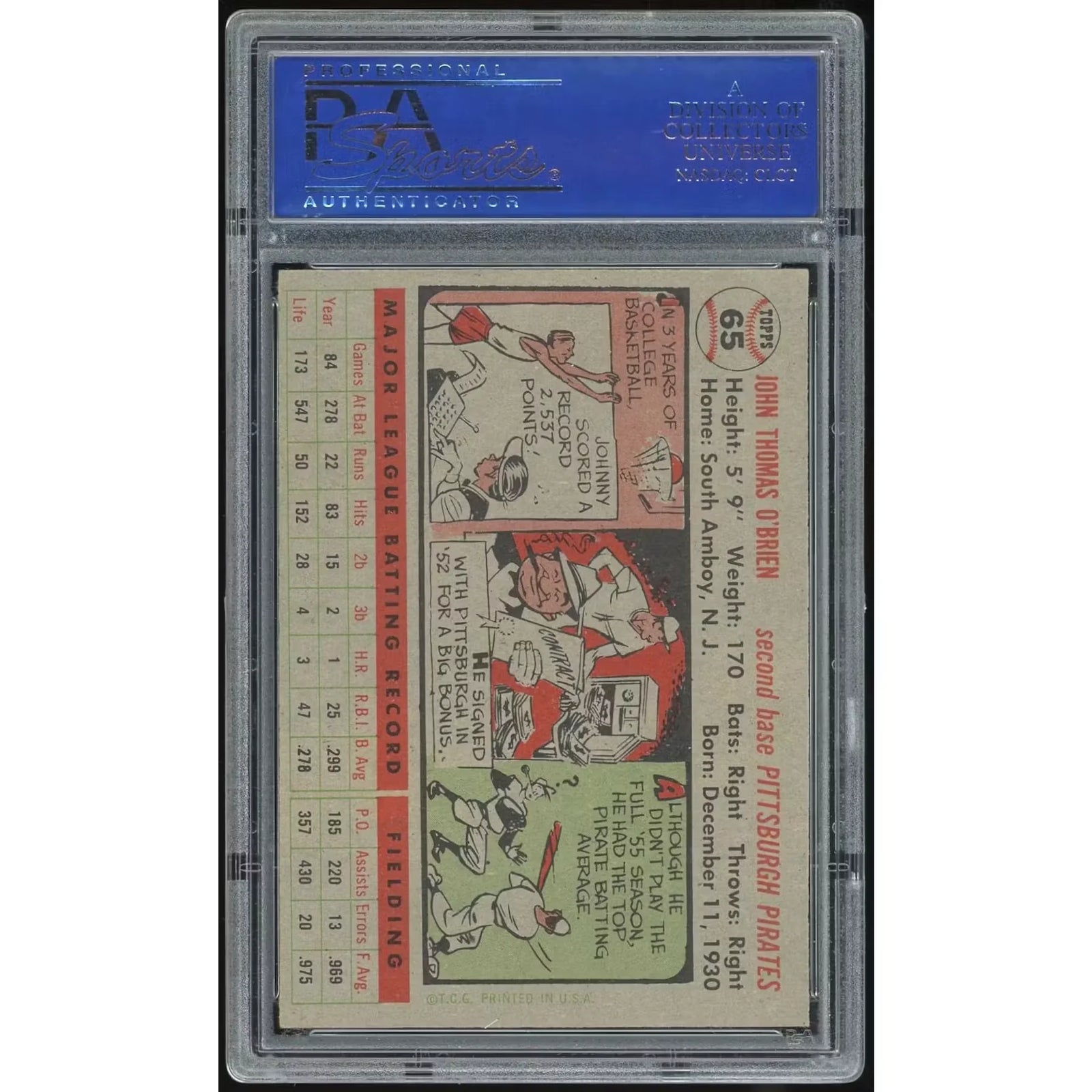 Johnny O'Brien 1956 Topps #65 Card | PSA 8