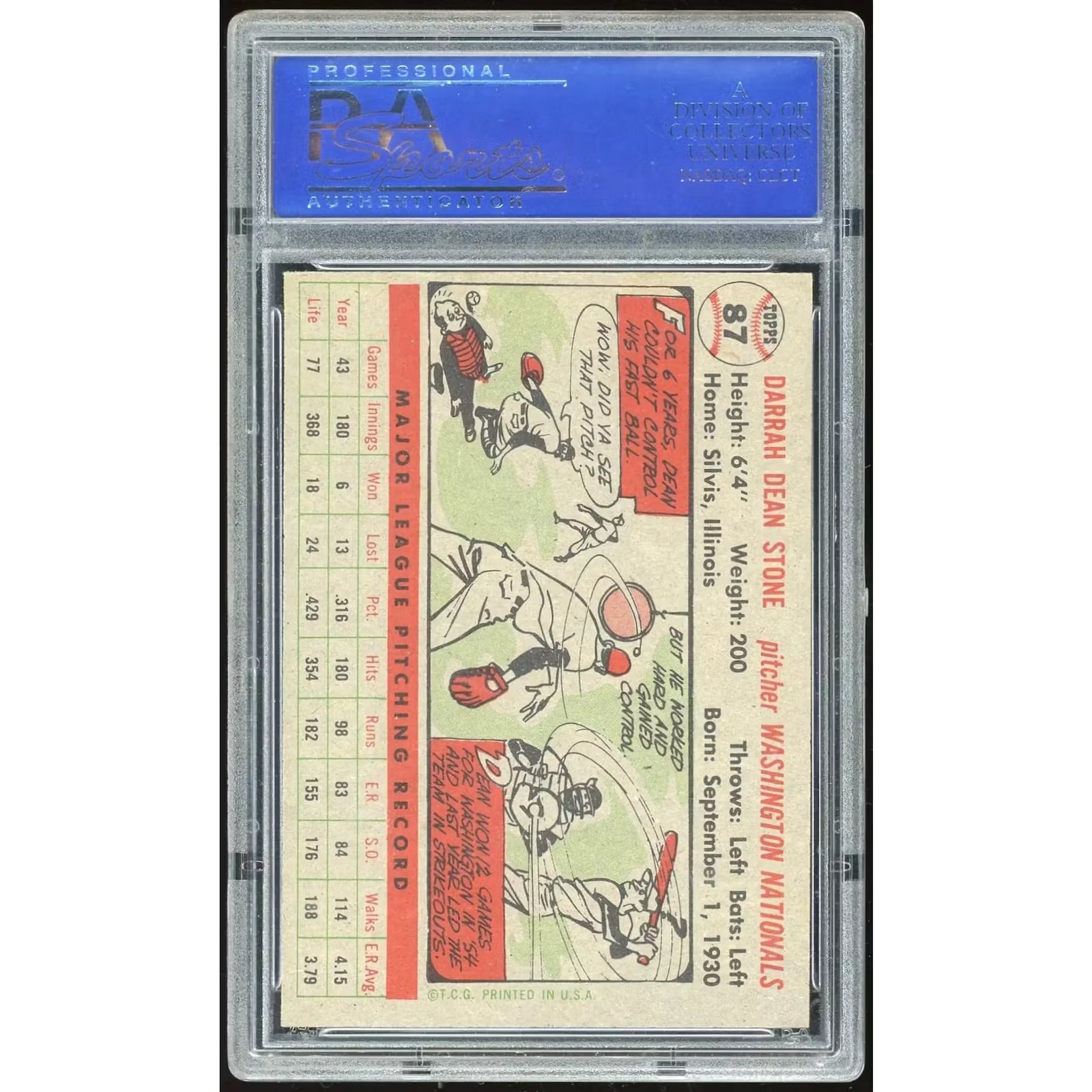 1956 Topps #87 Dean Stone Baseball Card | PSA 8