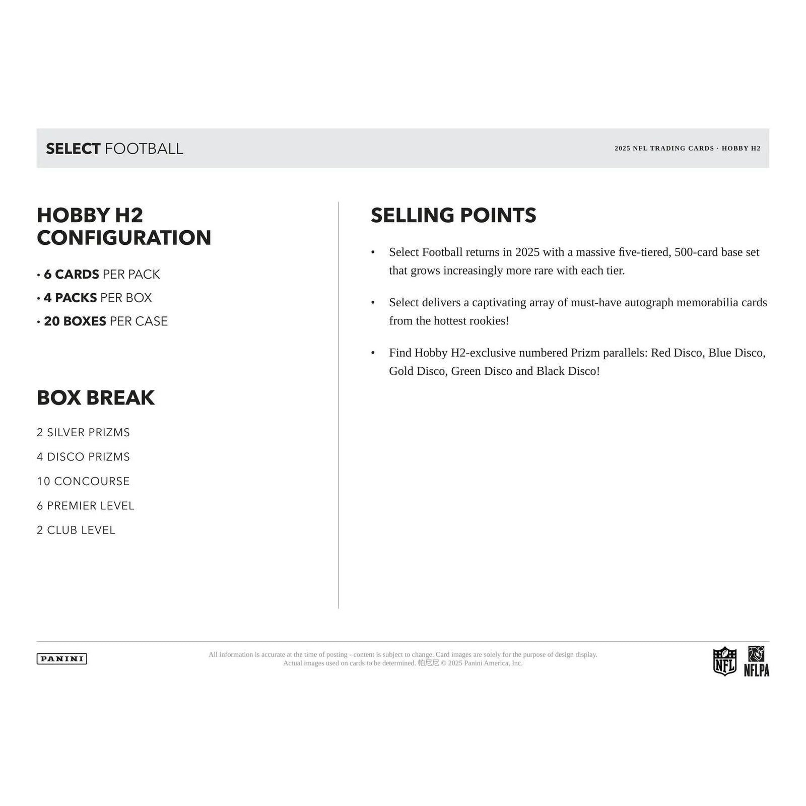DRAFT - 2025 Panini Select Football H2 20-Box Case | Hobby