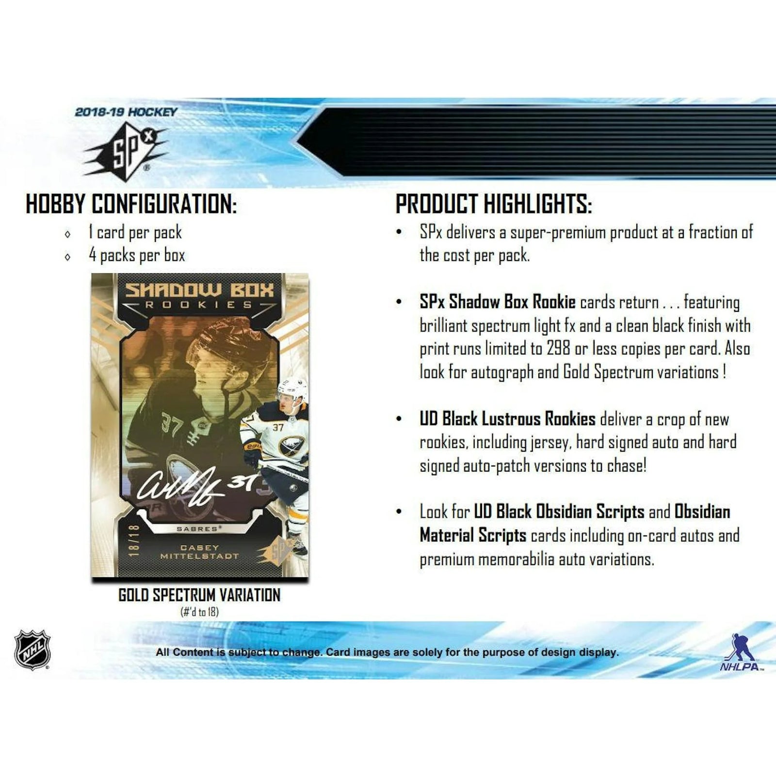 DRAFT - Just In 2018/19 Upper Deck SPx Hockey Hobby Box