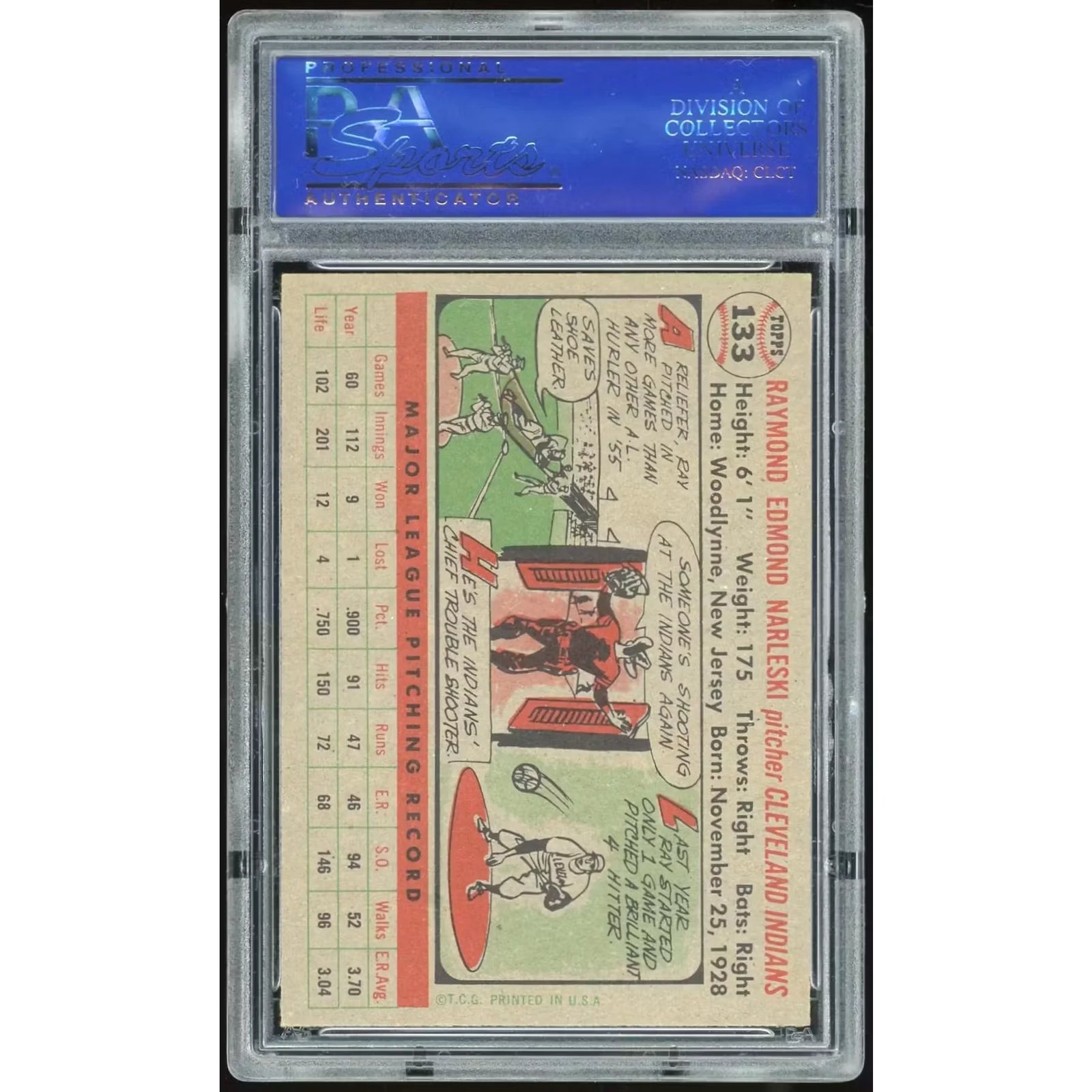 Ray Narleski 1956 Topps #133 Baseball Card | PSA 8