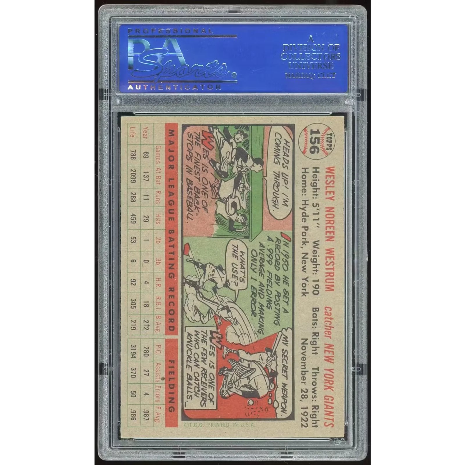 Wes Westrum 1956 Topps #156 Card | PSA 7