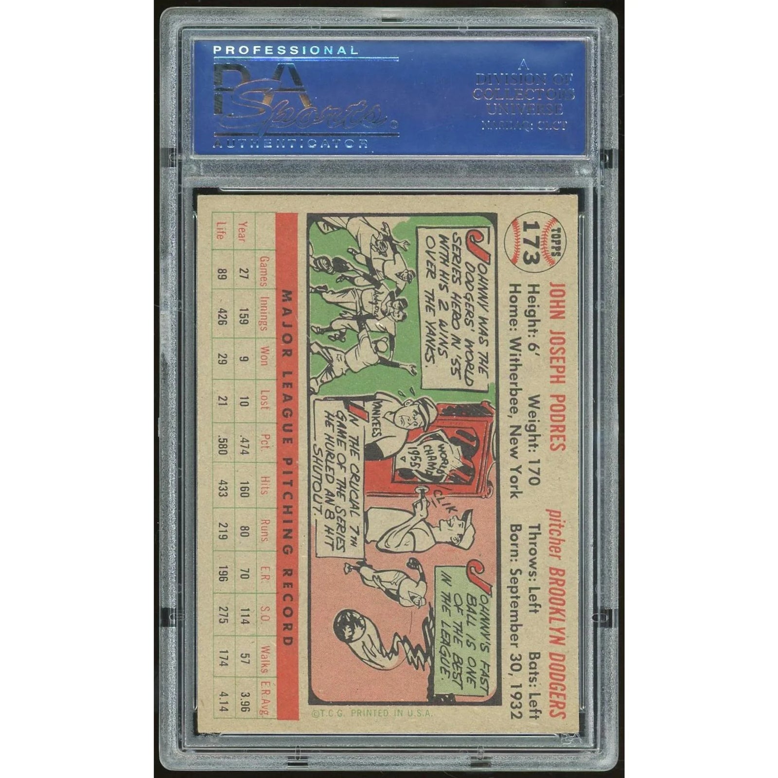 1956 Topps #173 Johnny Podres Card | PSA 7