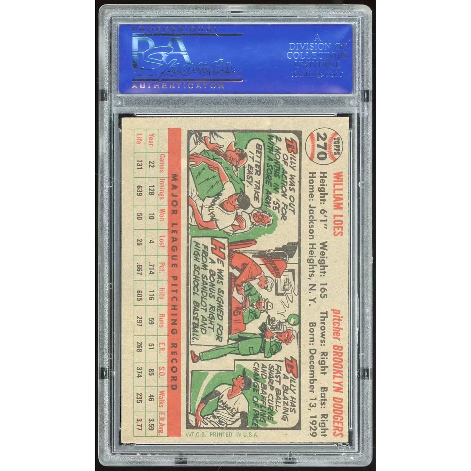 Billy Loes 1956 Topps #270 Card | PSA 7