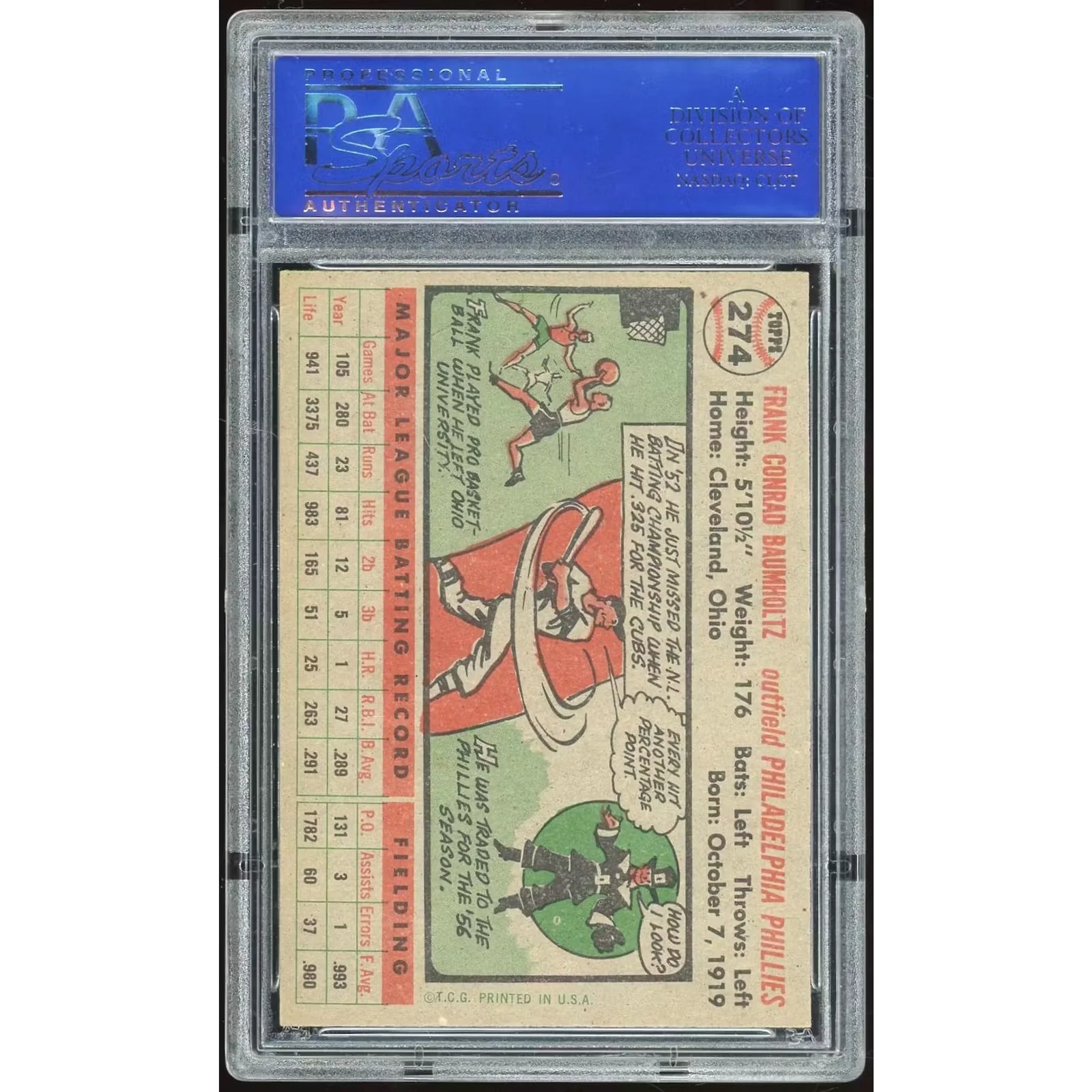 1956 Topps #274 Frank Baumholtz | PSA 7 1903