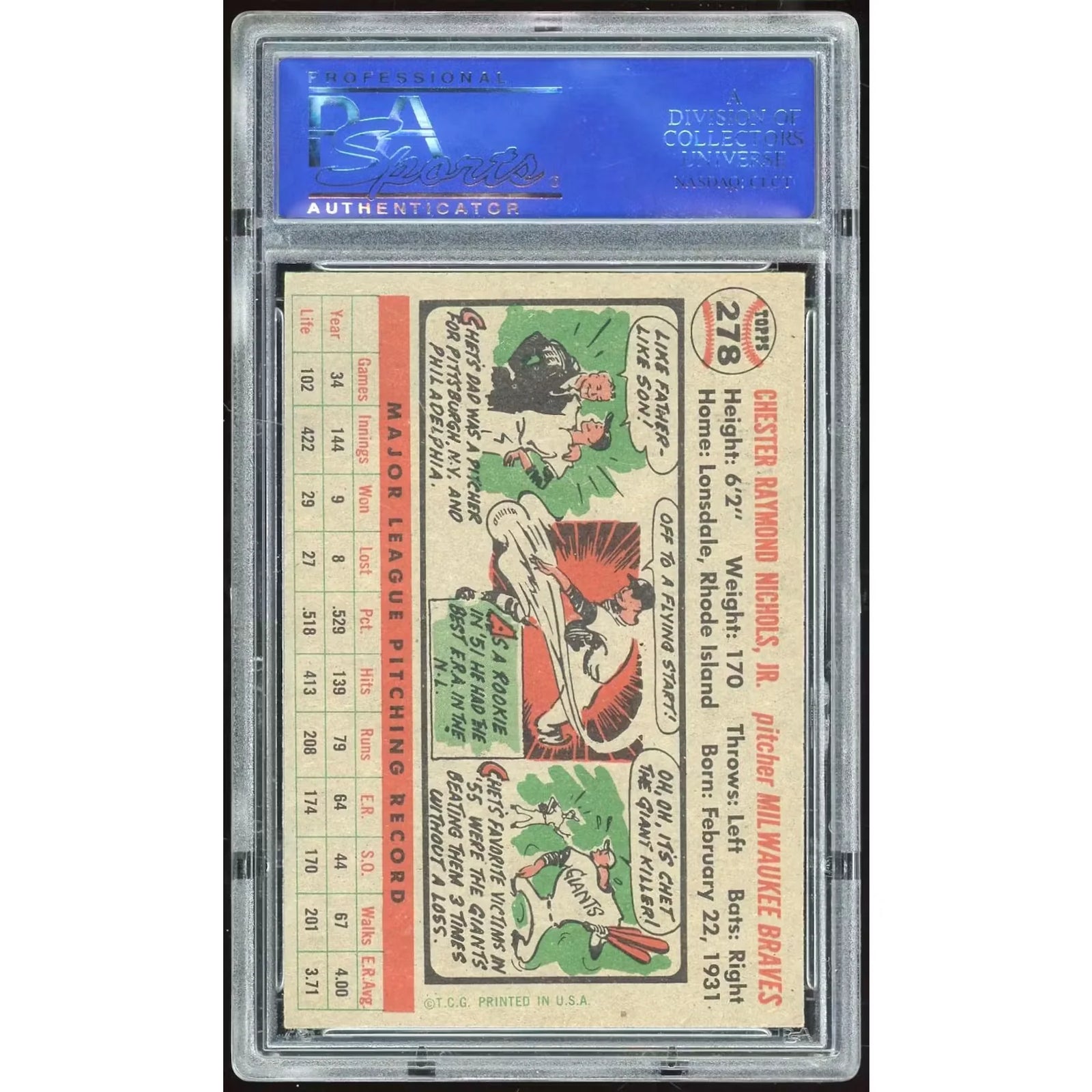 1956 Topps #278 Chet Nichols Baseball Card | PSA 7