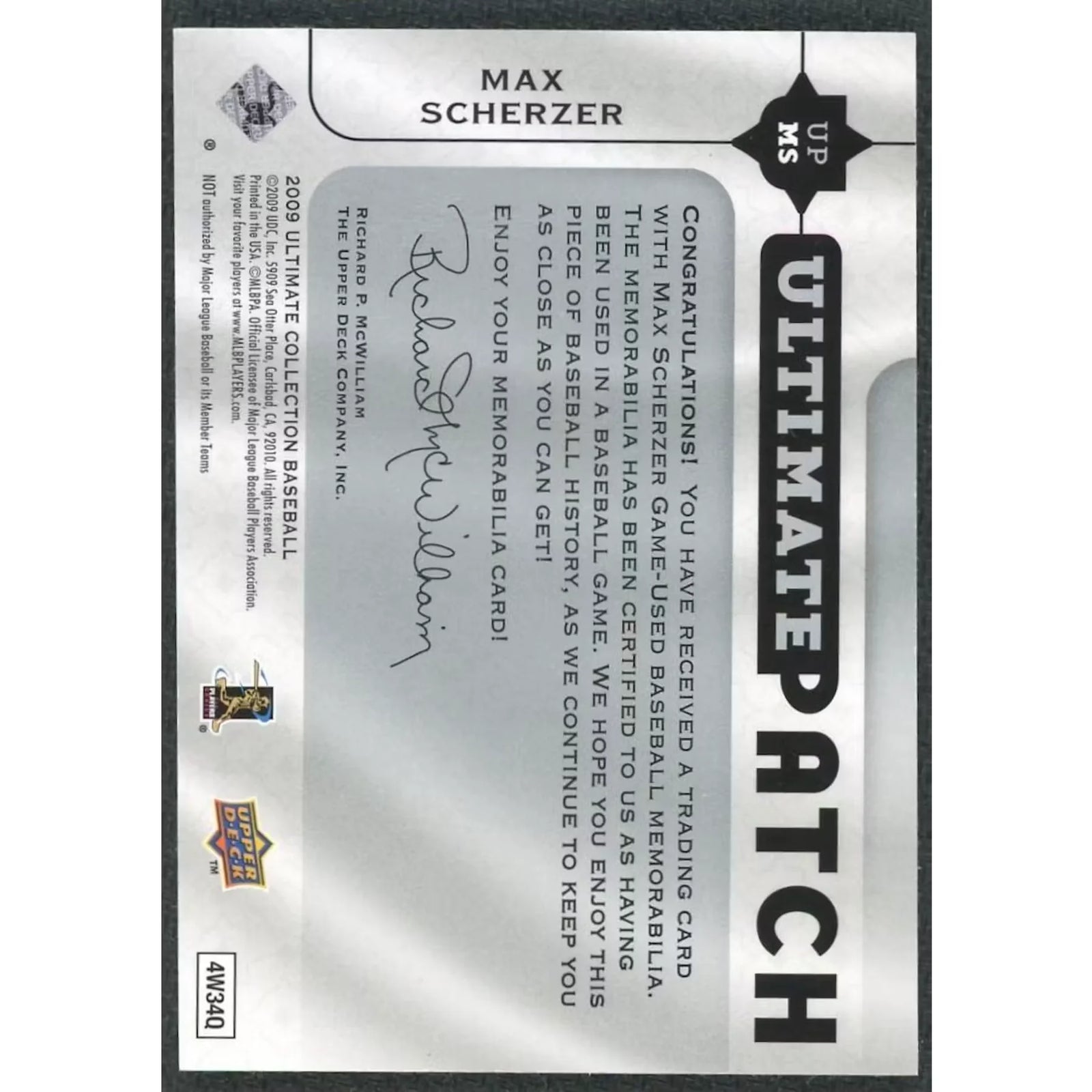 Max Scherzer 2009 Ultimate Collection Patch Card |/35