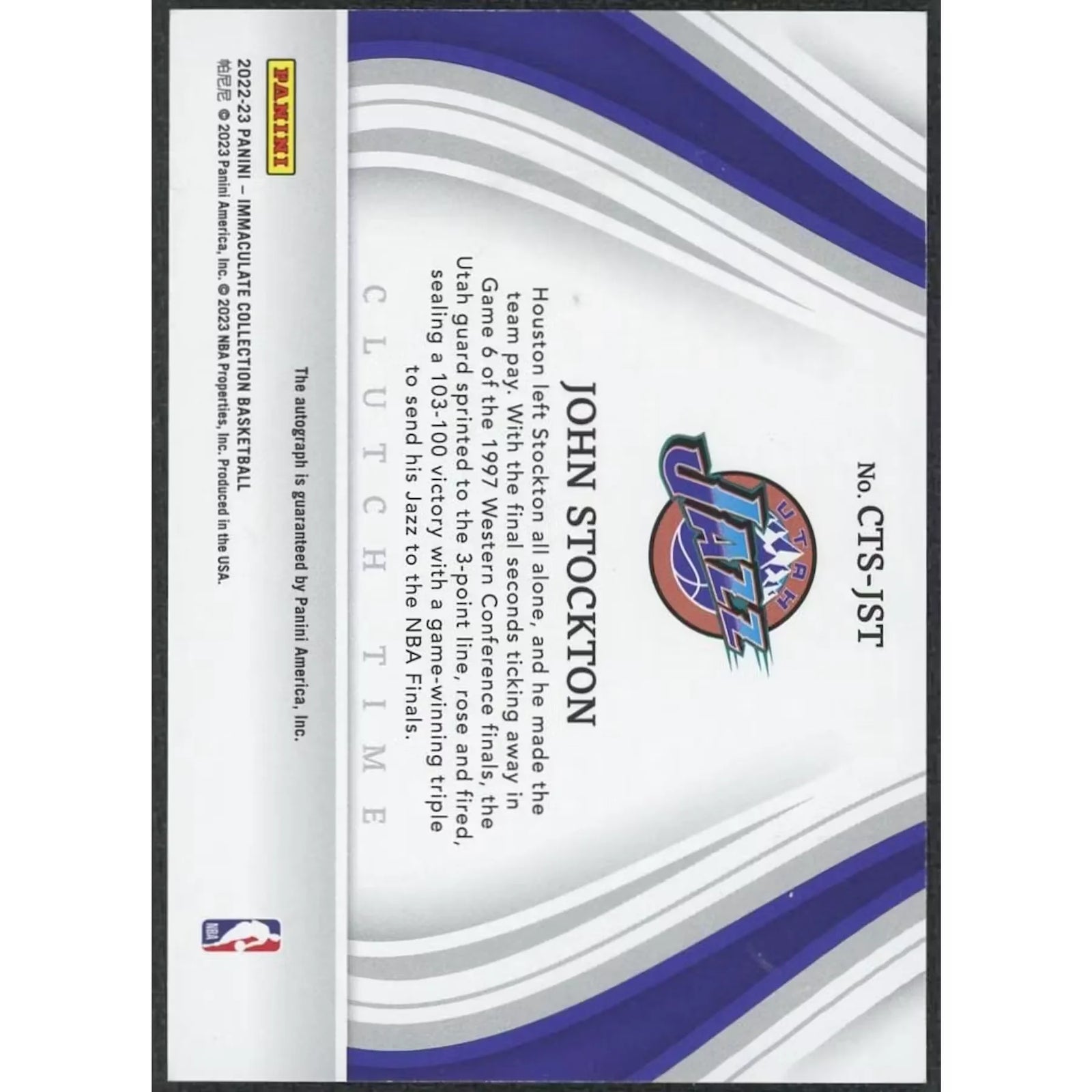 John Stockton Signed 2022-23 Panini Immaculate Card | Clutch Time Platinum 1/1
