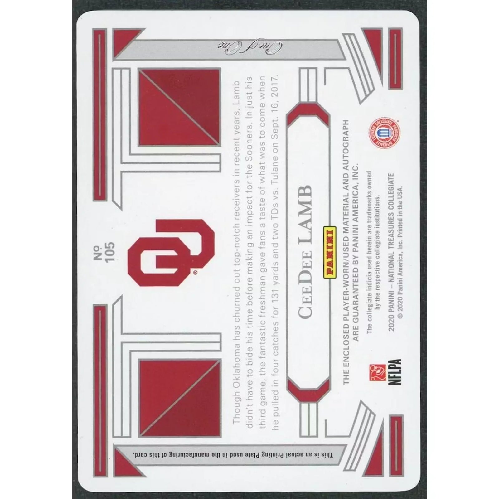 CeeDee Lamb Signed 2020 National Treasures Collegiate Card | Printing Plate 1/1