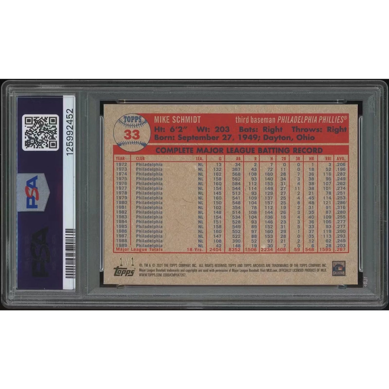 Mike Schmidt 2021 Topps Archives Baseball #33 Foilfractor | PSA 7 NM