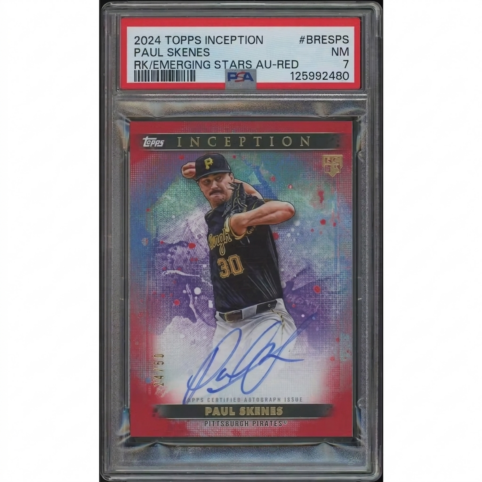Paul Skenes Signed 2024 Topps Inception Rookie Card | Red Emerging Stars #24/50 PSA 7