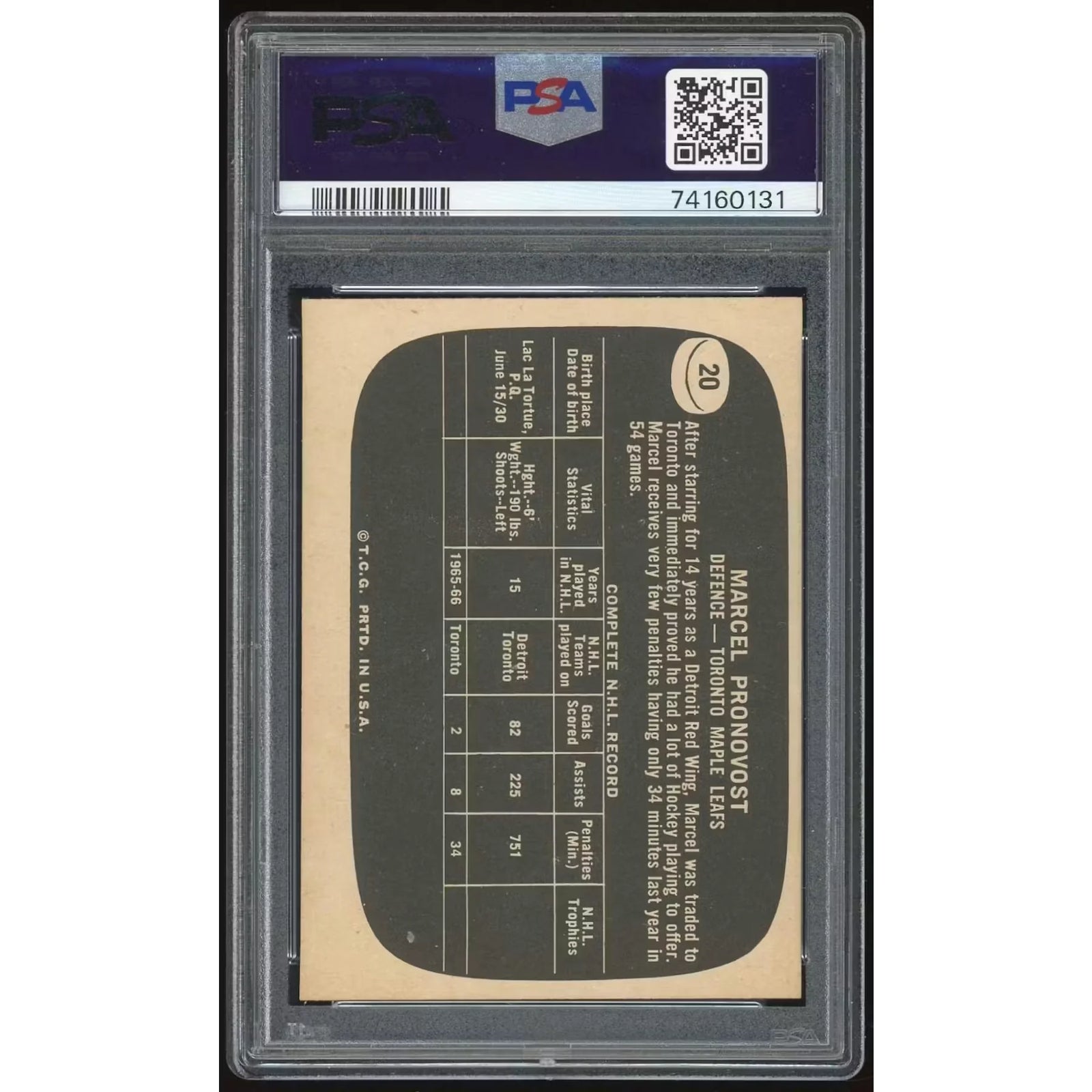Marcel Pronovost 1966-67 Topps USA Test Card #20 | PSA 6