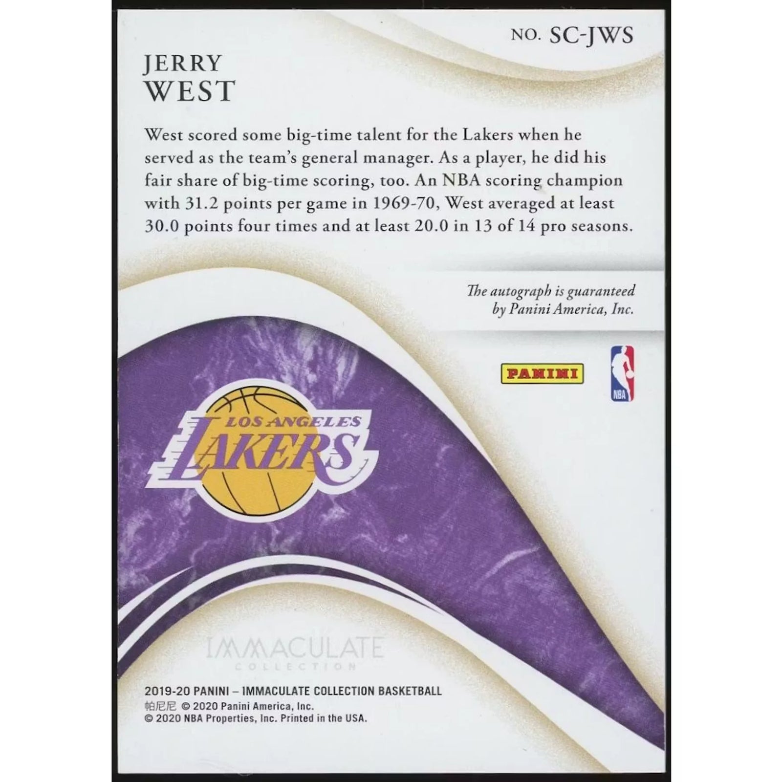 Jerry West Signed 2019-20 Immaculate Collection Card | Scorers Club Gold #/10