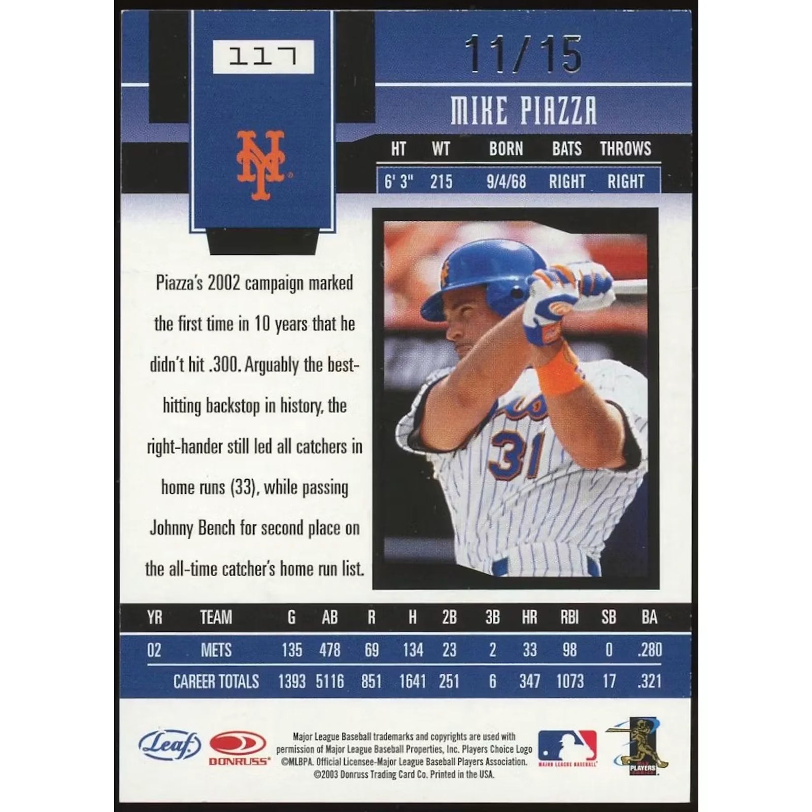 Mike Piazza Signed 2003 Leaf Certified Materials #117 Card | Mirror Blue #/15