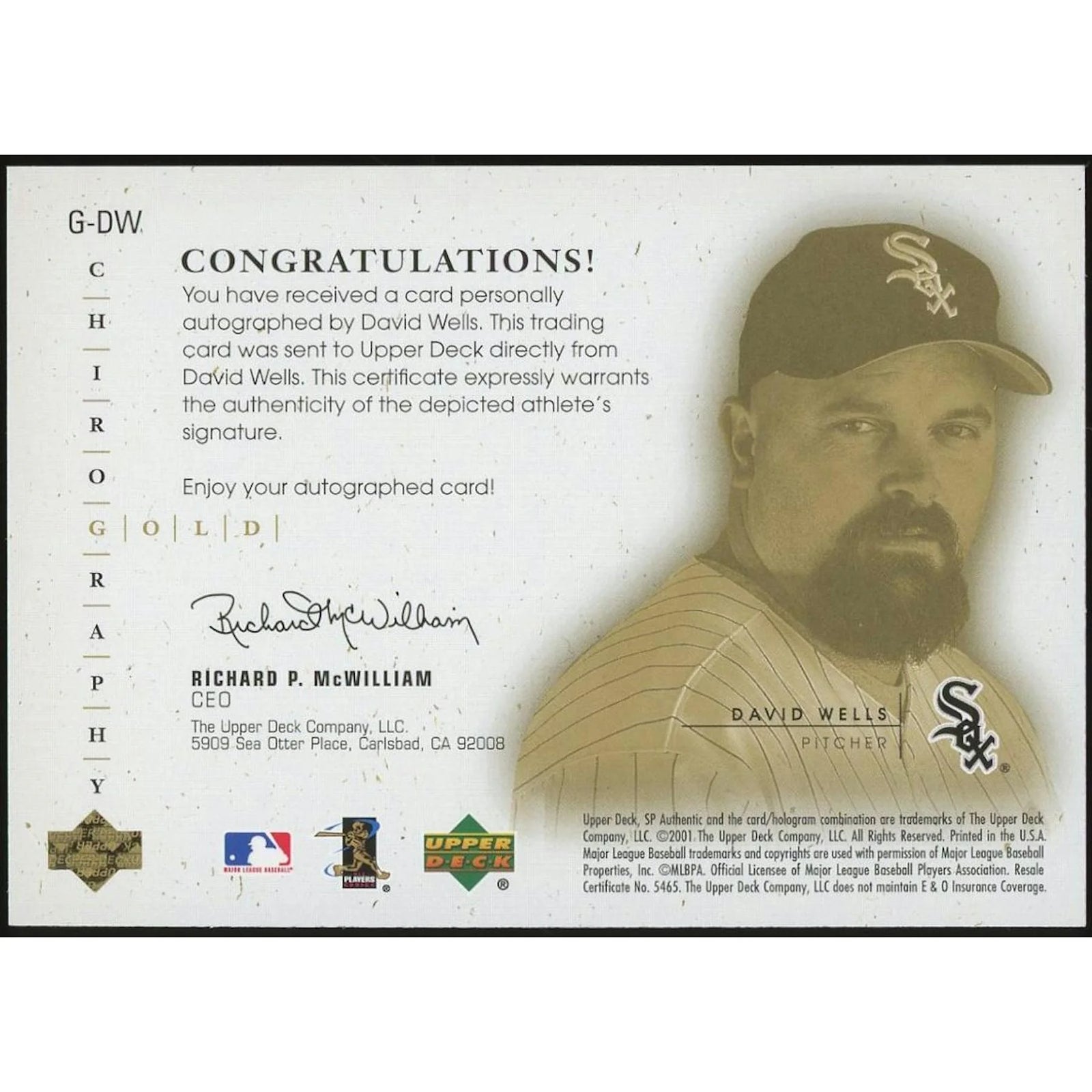 David Wells Signed 2001 SP Authentic Chirography Gold Card | #/33