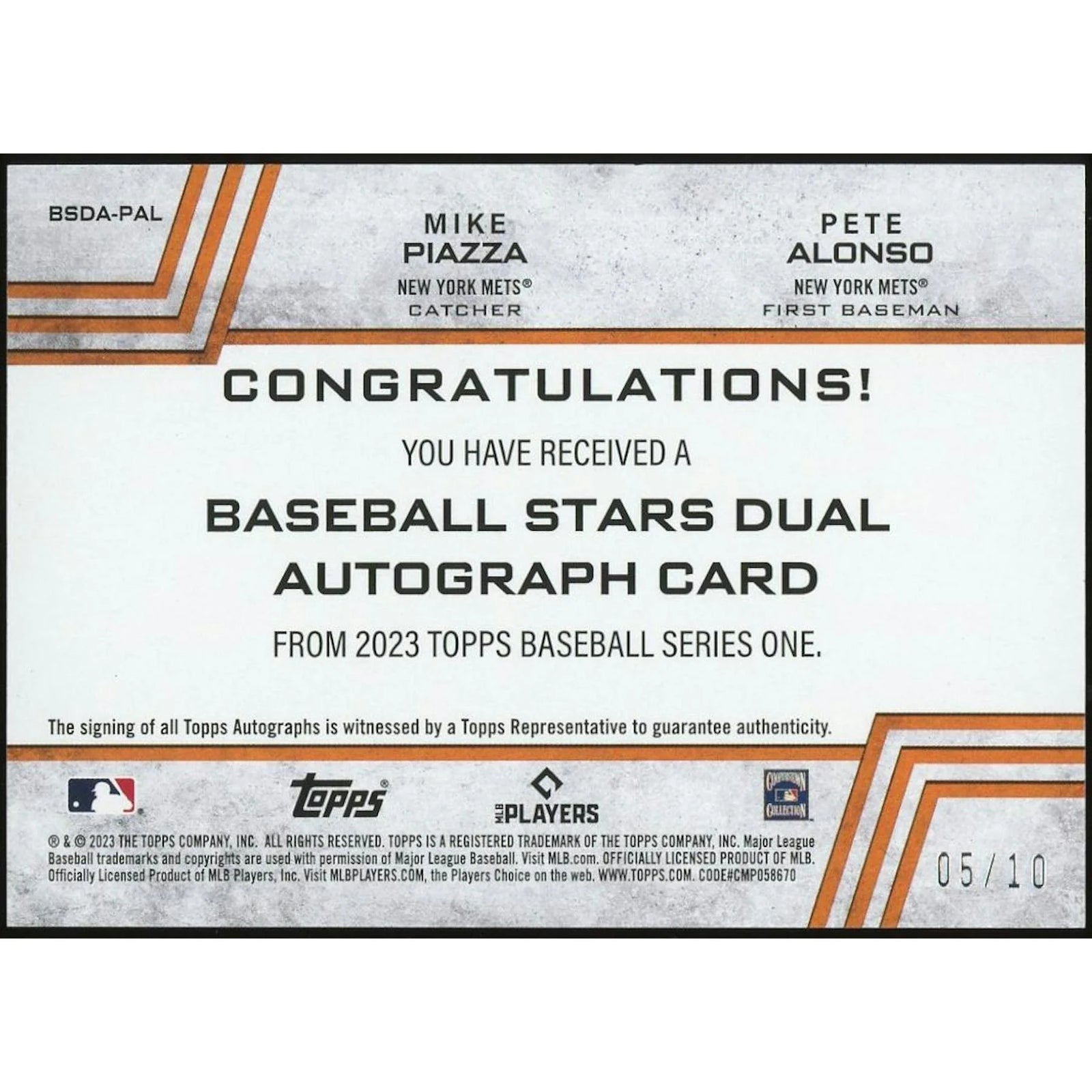 Pete Alonso and Mike Piazza Signed Dual Card | 2023 Topps Baseball Stars Autographs