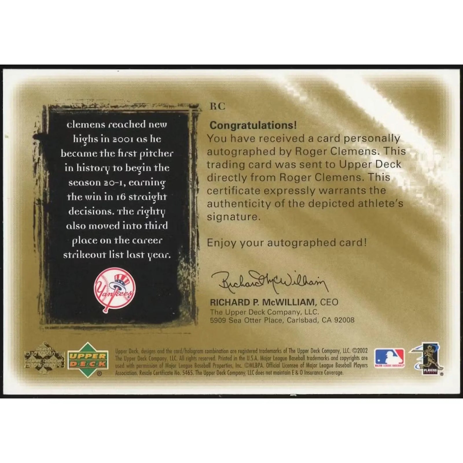 Roger Clemens Signed 2001 Ultimate Collection Signatures Gold Card | #/15