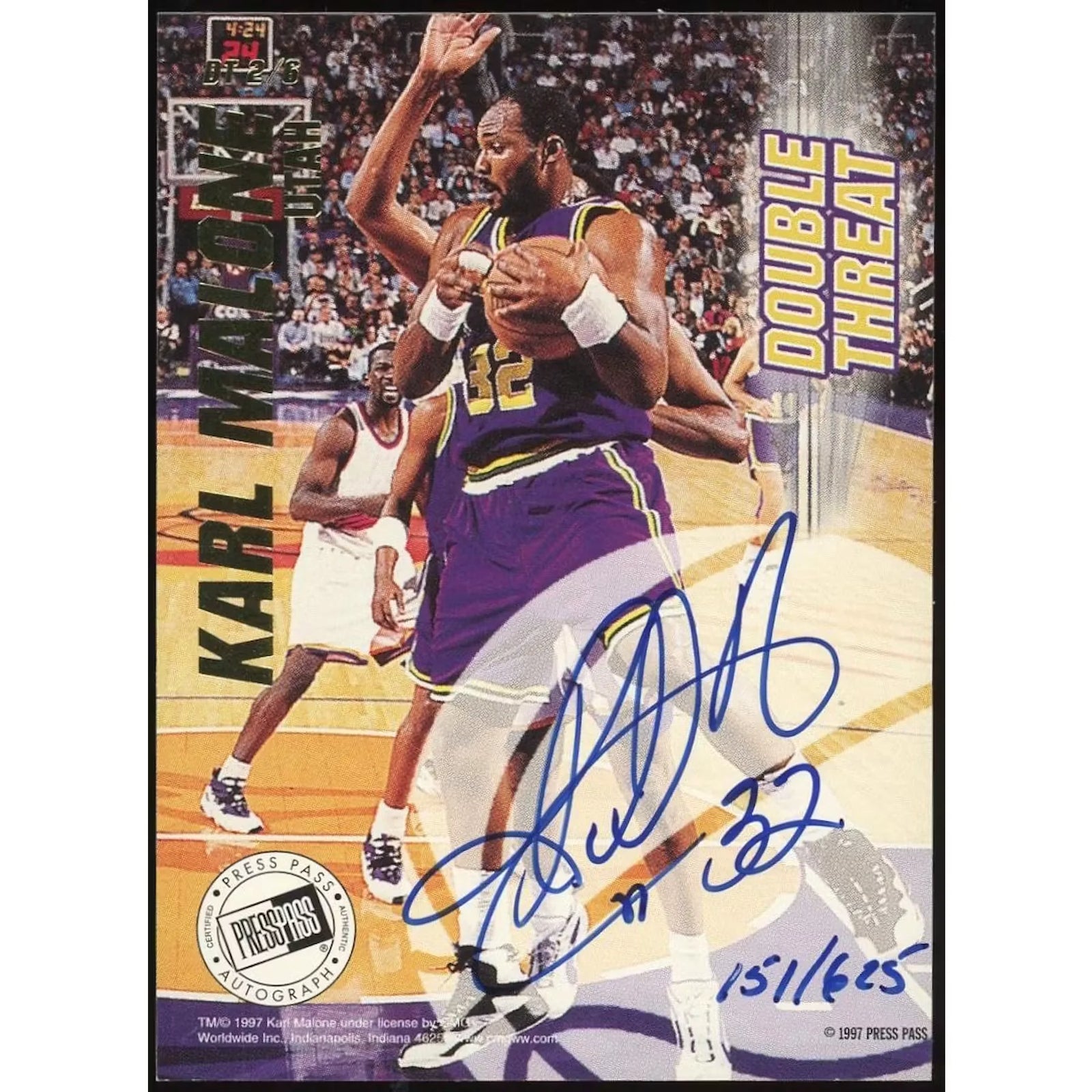 Karl Malone & Jacques Vaughn Signed 1997-98 Press Pass Double Threat Card | #/625