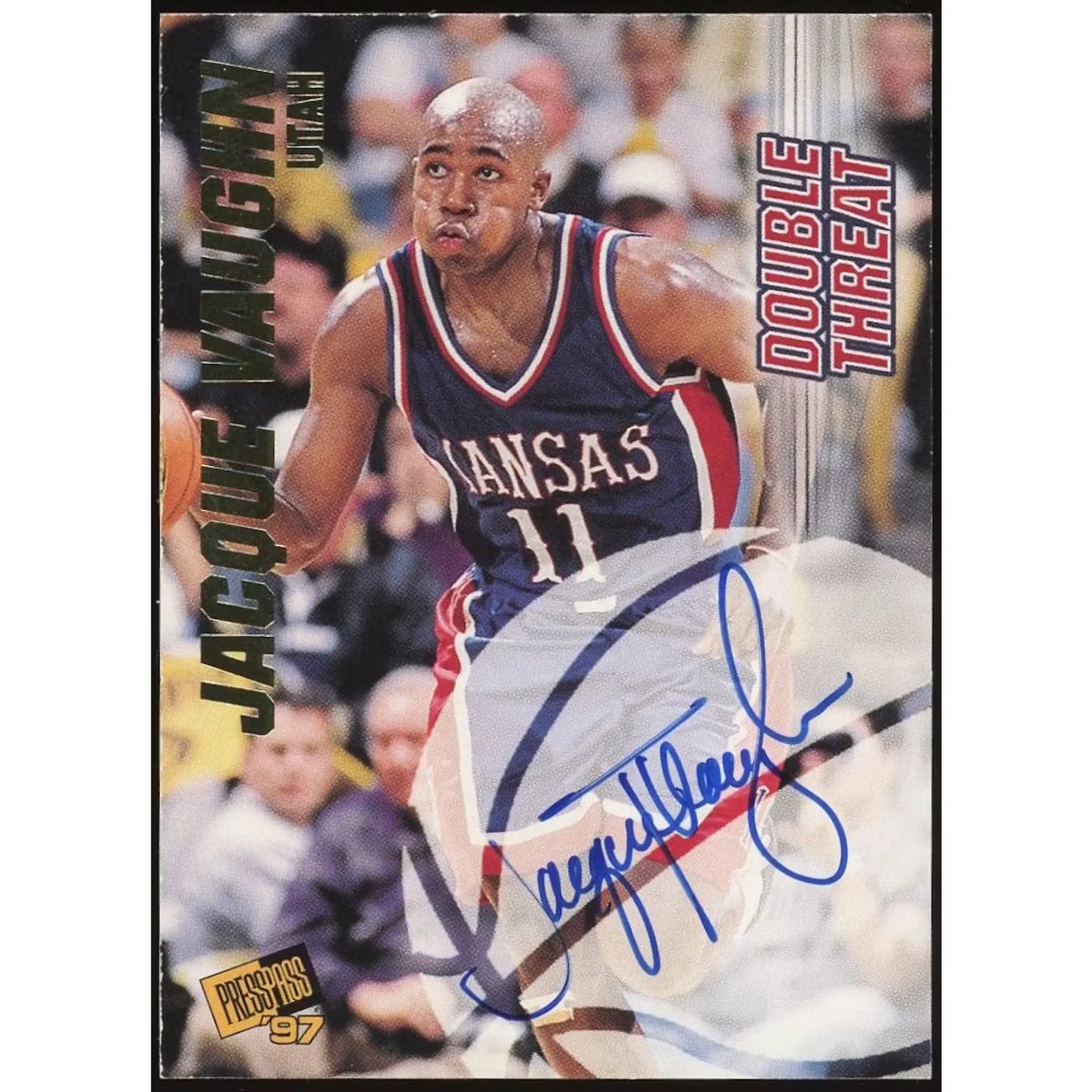 Karl Malone & Jacques Vaughn Signed 1997-98 Press Pass Double Threat Card | #/625