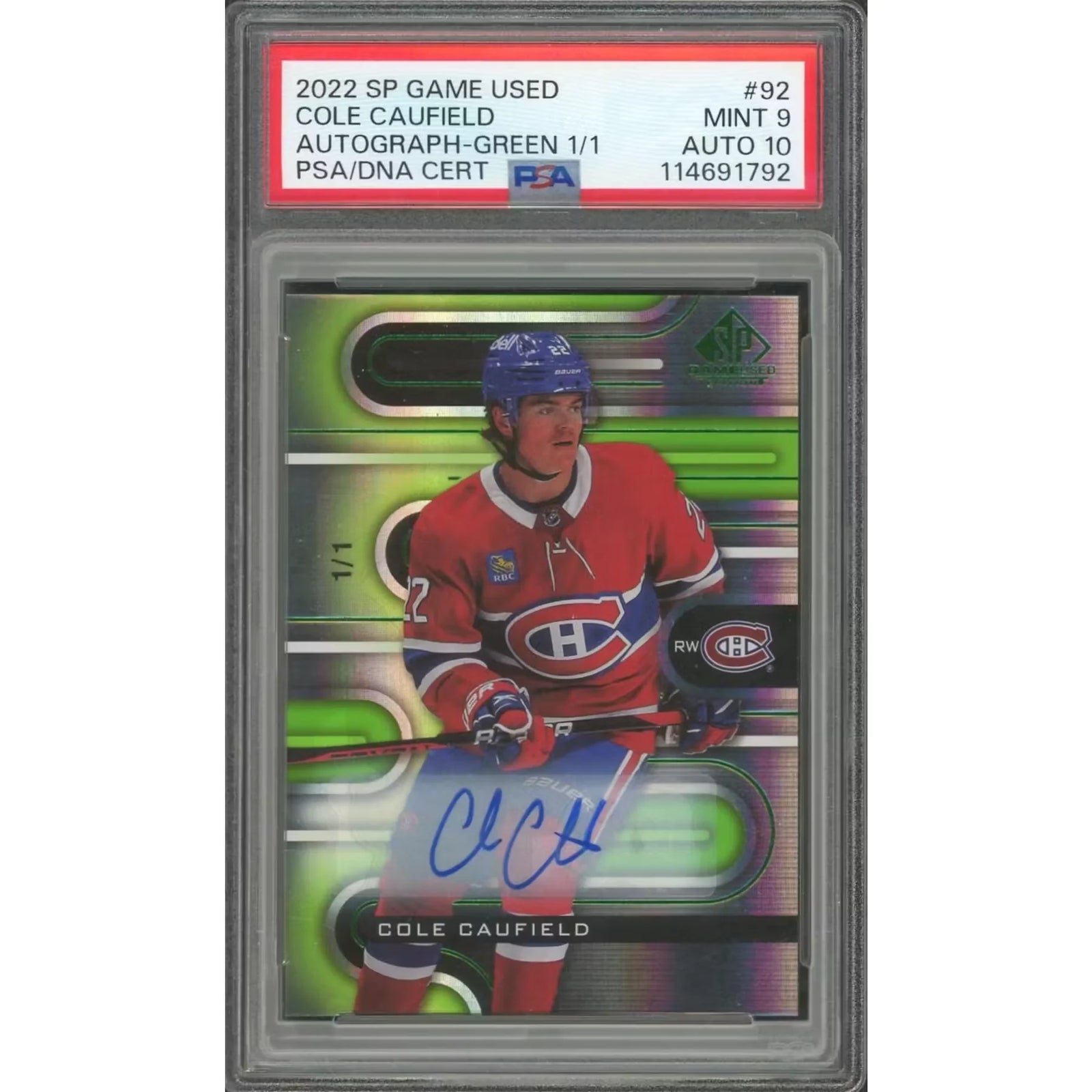 Cole Caufield Signed 2022-23 Upper Deck SP Game Used Card | Green 1/1 PSA 9