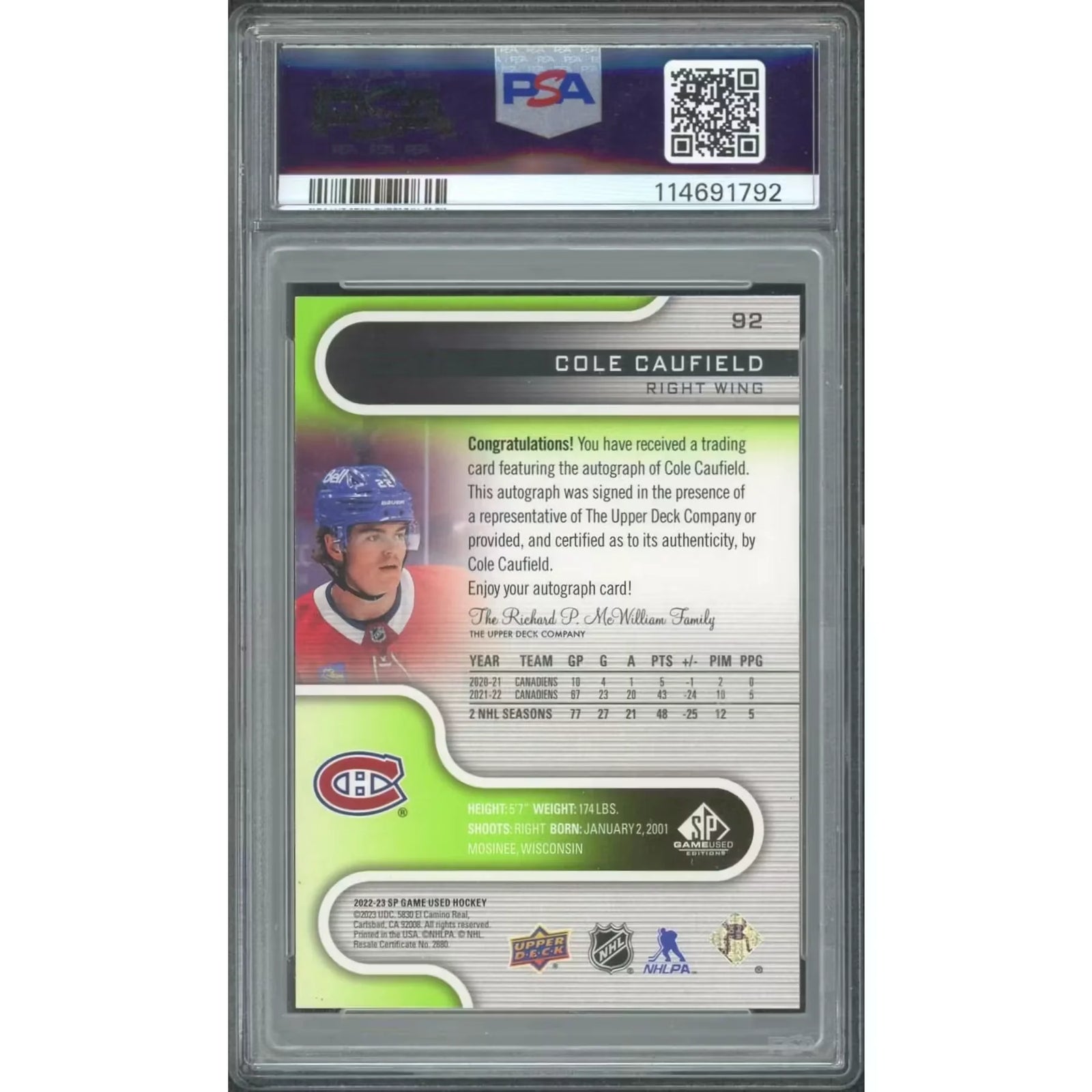 Cole Caufield Signed 2022-23 Upper Deck SP Game Used Card | Green 1/1 PSA 9