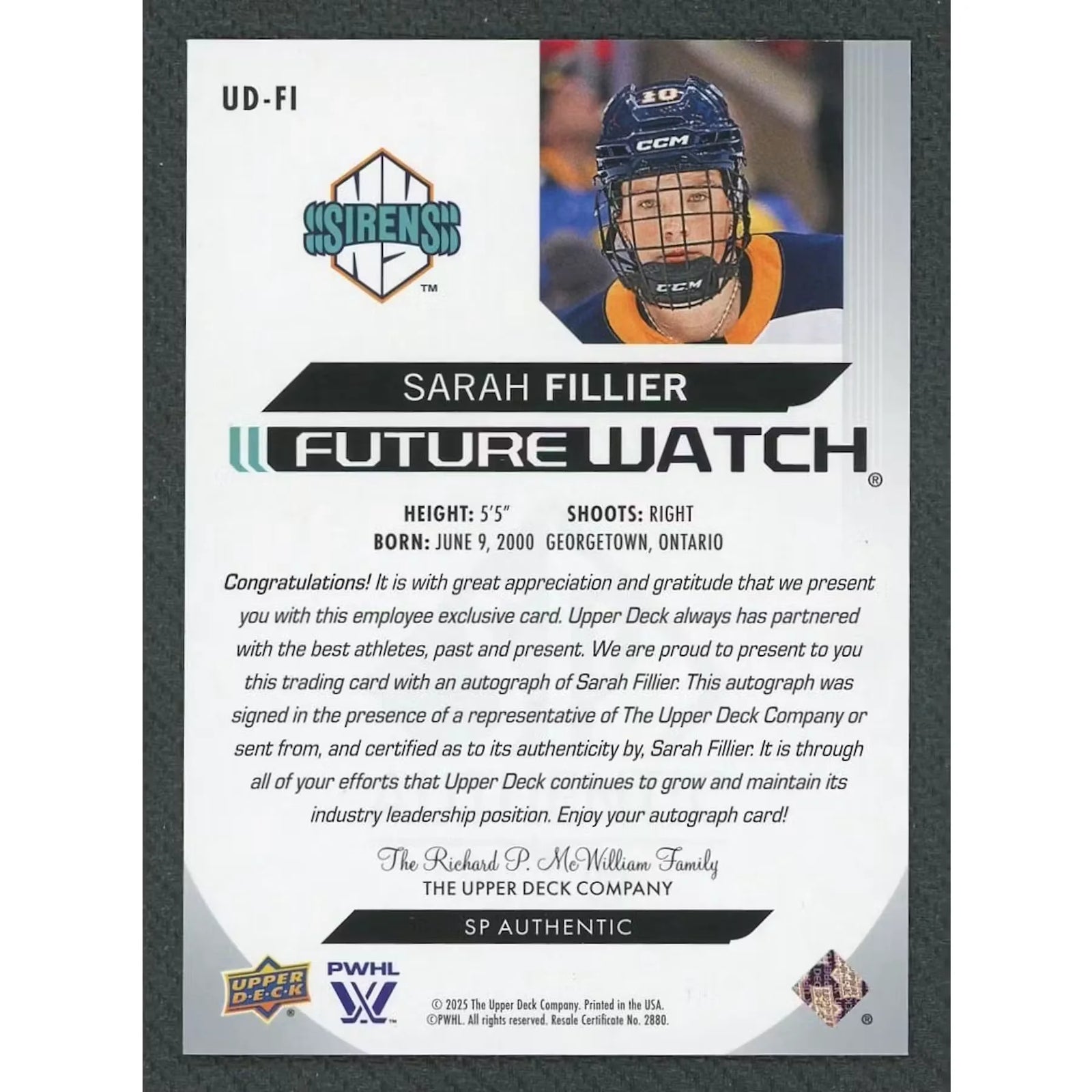 Sarah Fillier Signed 2025 Upper Deck Future Watch Auto | Employee Exclusive