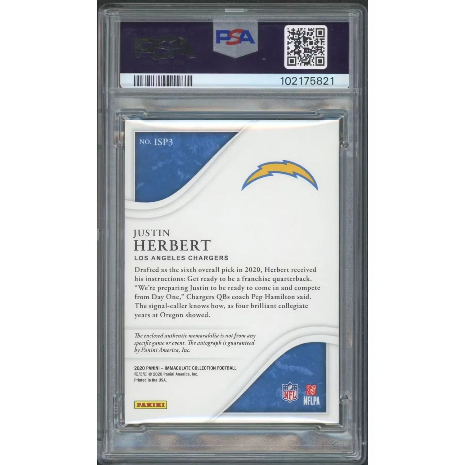 Justin Herbert 2020 Panini Immaculate Rookie Patch Auto | PSA 8/49