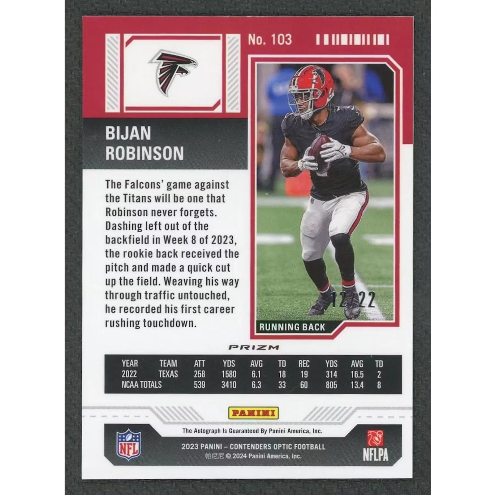 Bijan Robinson Signed 2023 Panini Contenders Optic Rookie Card | Cracked Ice Prizm/22