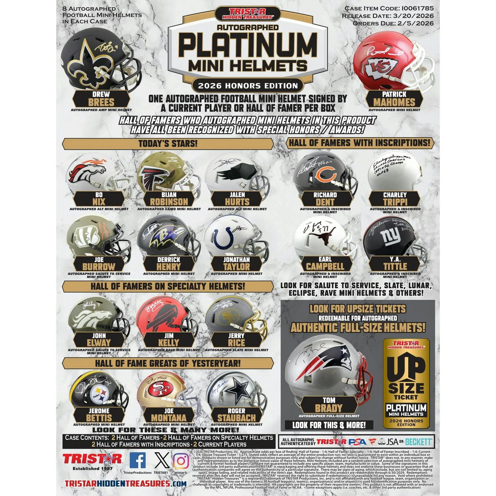 DRAFT - New 2026 TriStar Autographed Platinum Football Mini Helmets Honors Edition Hobby Box