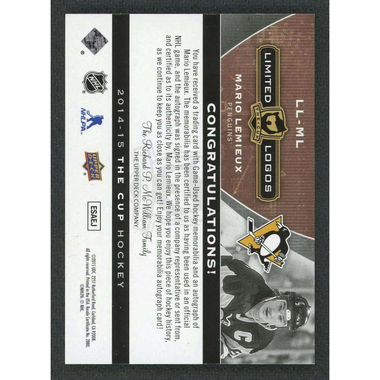 Mario Lemieux Signed Patch Card | 2014-15 The Cup Limited/10
