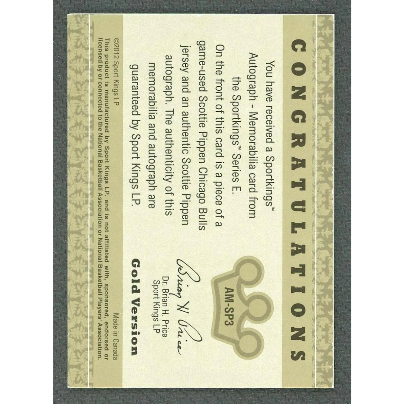 Scottie Pippen Signed 2012 Sport Kings Card | Patch Auto
