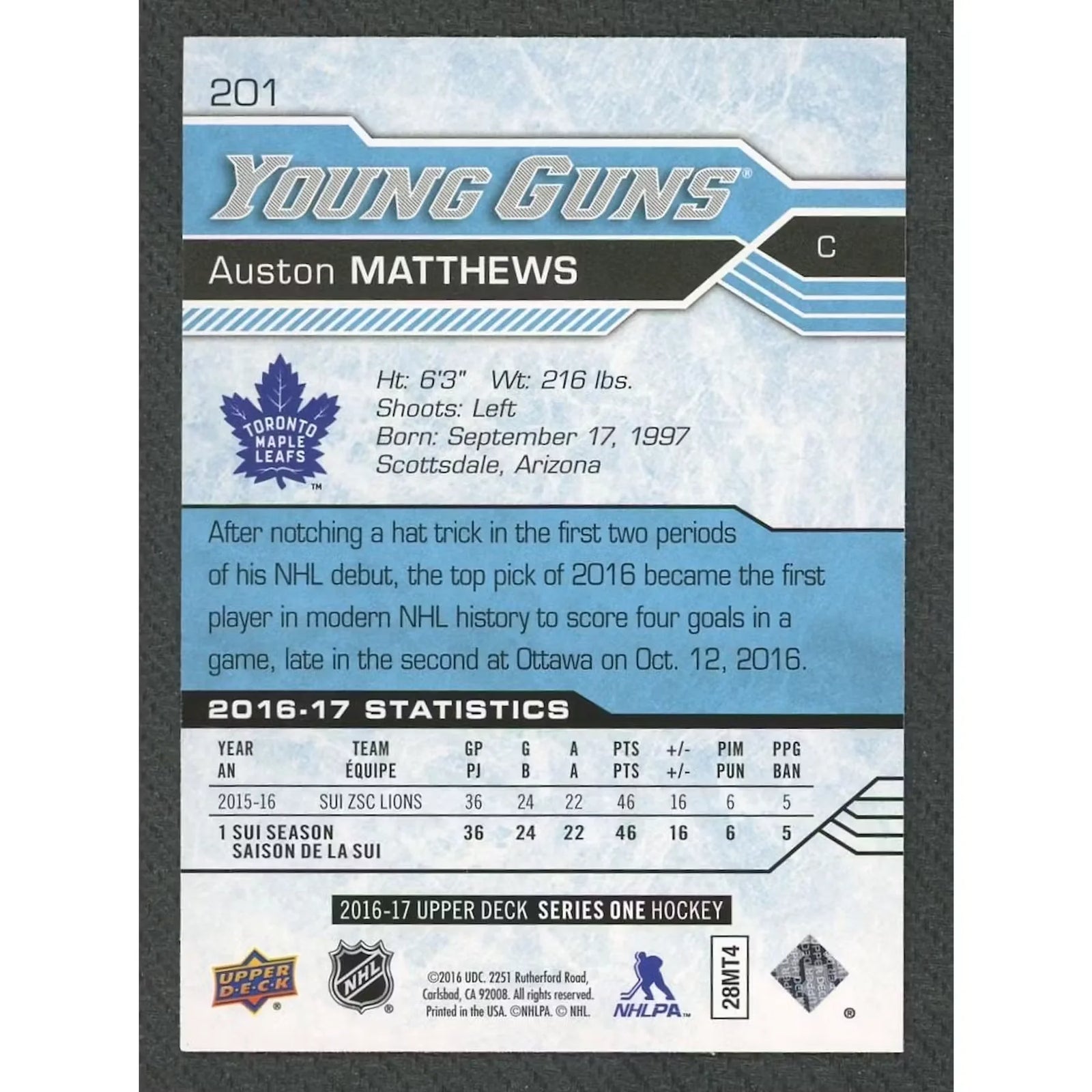 Auston Matthews Signed 2016-17 Upper Deck Young Guns Rookie #201