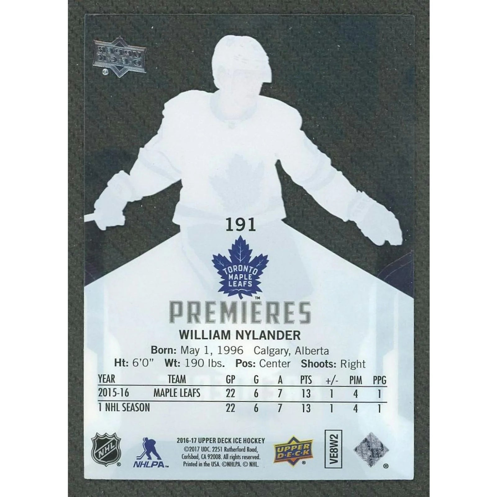 William Nylander 2016-17 Ice Premieres Rookie Card |/99