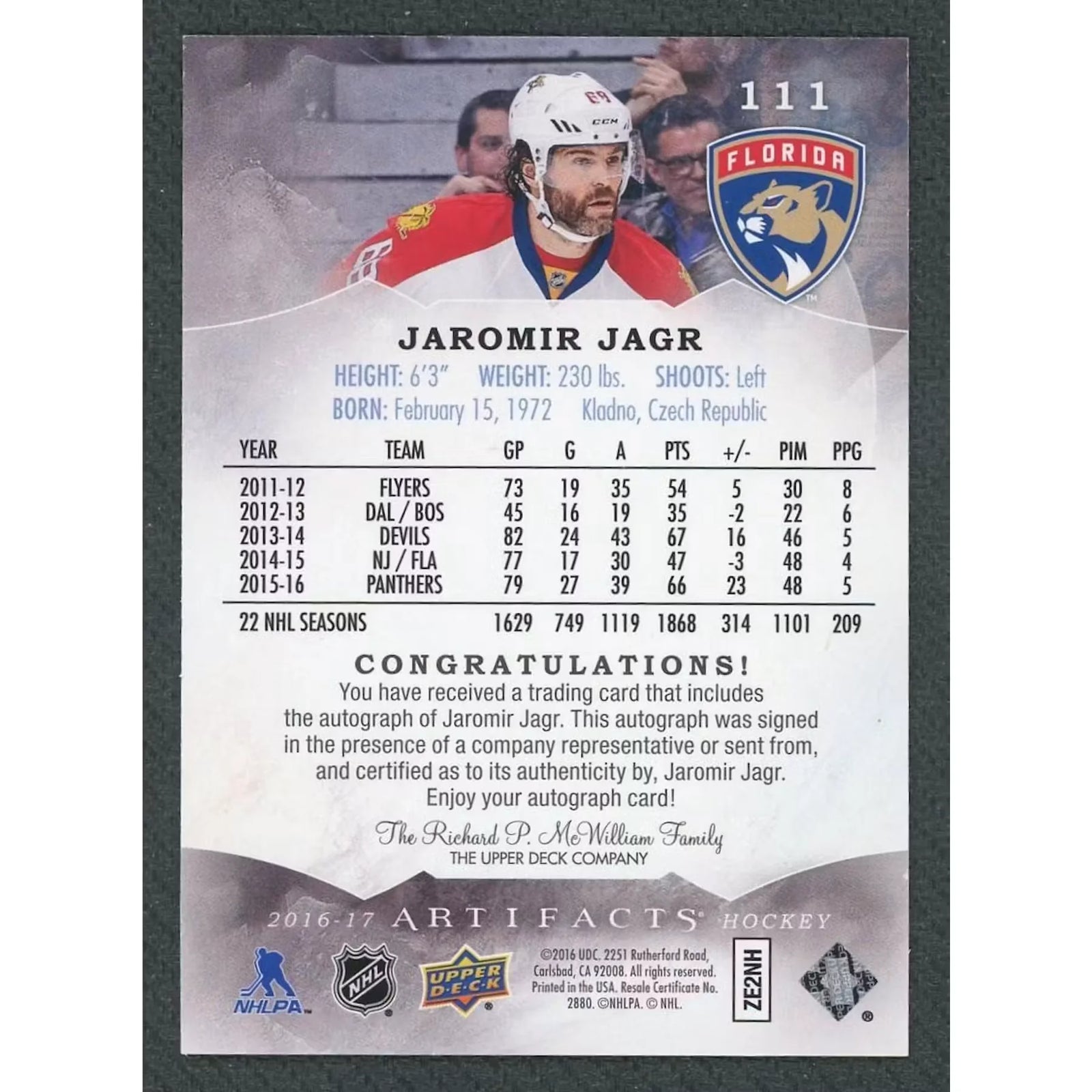 Jaromir Jagr Signed 2016-17 Artifacts Card | Black/5
